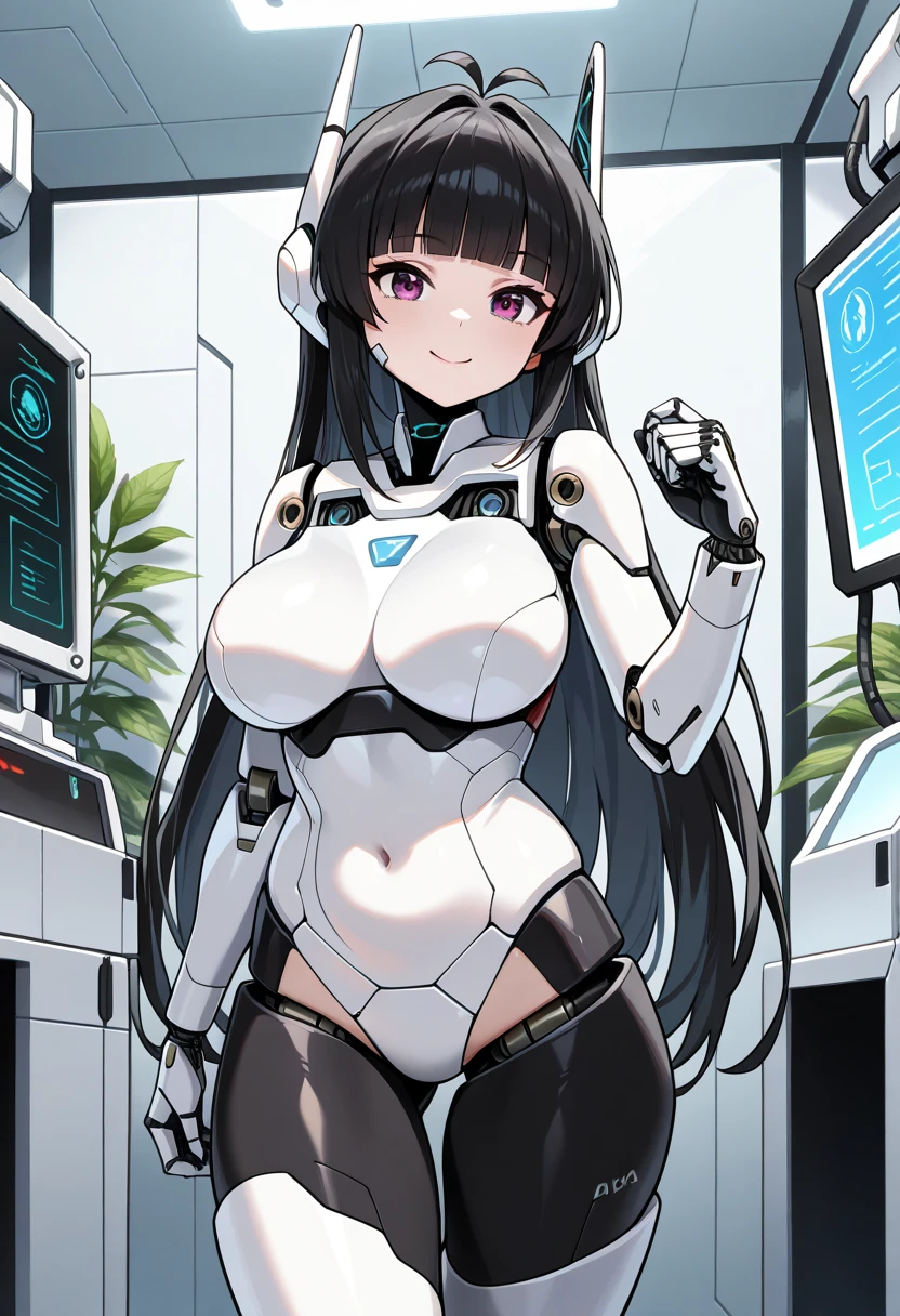 masterpiece, best quality, extremely detailed, (8K, 4K, Best Quality, hight resolution, 超A high resolution:1.1), ,8k portrait, Japaese android Girl,Plump , dark black leg cover,announcer,control panels,android,Droid,Mechanical Hand, Robot arms and legs, Black Robot Parts,Black hair,Mechanical body,Blunt bangs,perfect mechanical abdomen,White robotics parts,perfect robot woman,future laboratory,cyber pank,charging spot,laboratory,long tube,thick cable connected her neck,white ceramic body ,perfect mechanical body, white robot body,lod antenna,mechanical ear cover,android,robot humanoid,black sponge joints,The removable cover is in the groin,The connection port is in the groin,opened chest panel,access panel on the chest,opened breast panel,perfect mechanical breast,perfect machine body,perfect android body,She has repaired,assembly plant,dark black tights,dark black leggings,smile