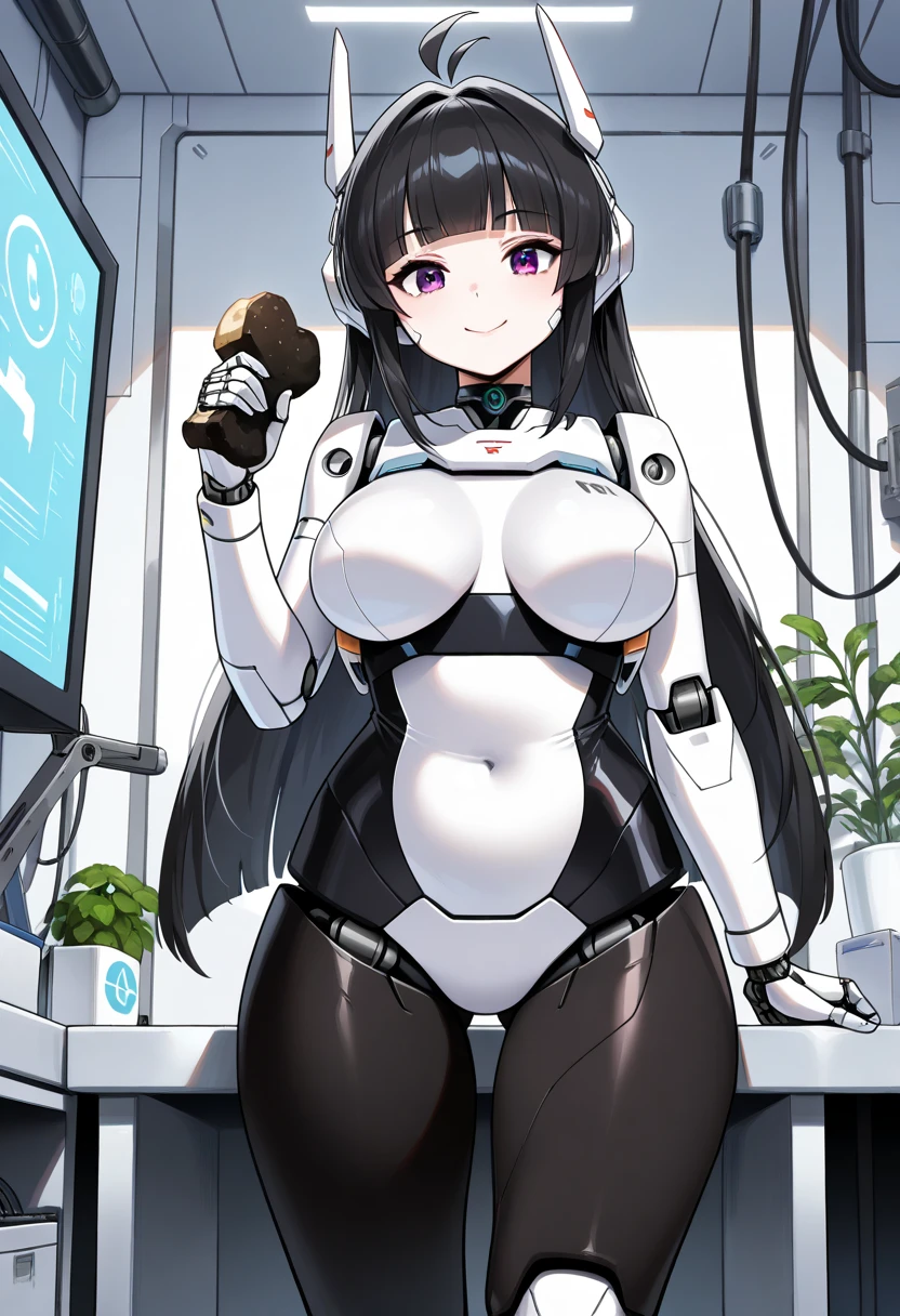 masterpiece, best quality, extremely detailed, (8K, 4K, Best Quality, hight resolution, 超A high resolution:1.1), ,8k portrait, Japaese android Girl,Plump , dark black leg cover,announcer,control panels,android,Droid,Mechanical Hand, Robot arms and legs, Black Robot Parts,Black hair,Mechanical body,Blunt bangs,perfect mechanical abdomen,White robotics parts,perfect robot woman,future laboratory,cyber pank,charging spot,laboratory,long tube,thick cable connected her neck,white ceramic body ,perfect mechanical body, white robot body,lod antenna,mechanical ear cover,android,robot humanoid,black sponge joints,The removable cover is in the groin,The connection port is in the groin,opened chest panel,access panel on the chest,opened breast panel,perfect mechanical breast,perfect machine body,perfect android body,She has repaired,assembly plant,dark black tights,dark black leggings,smile