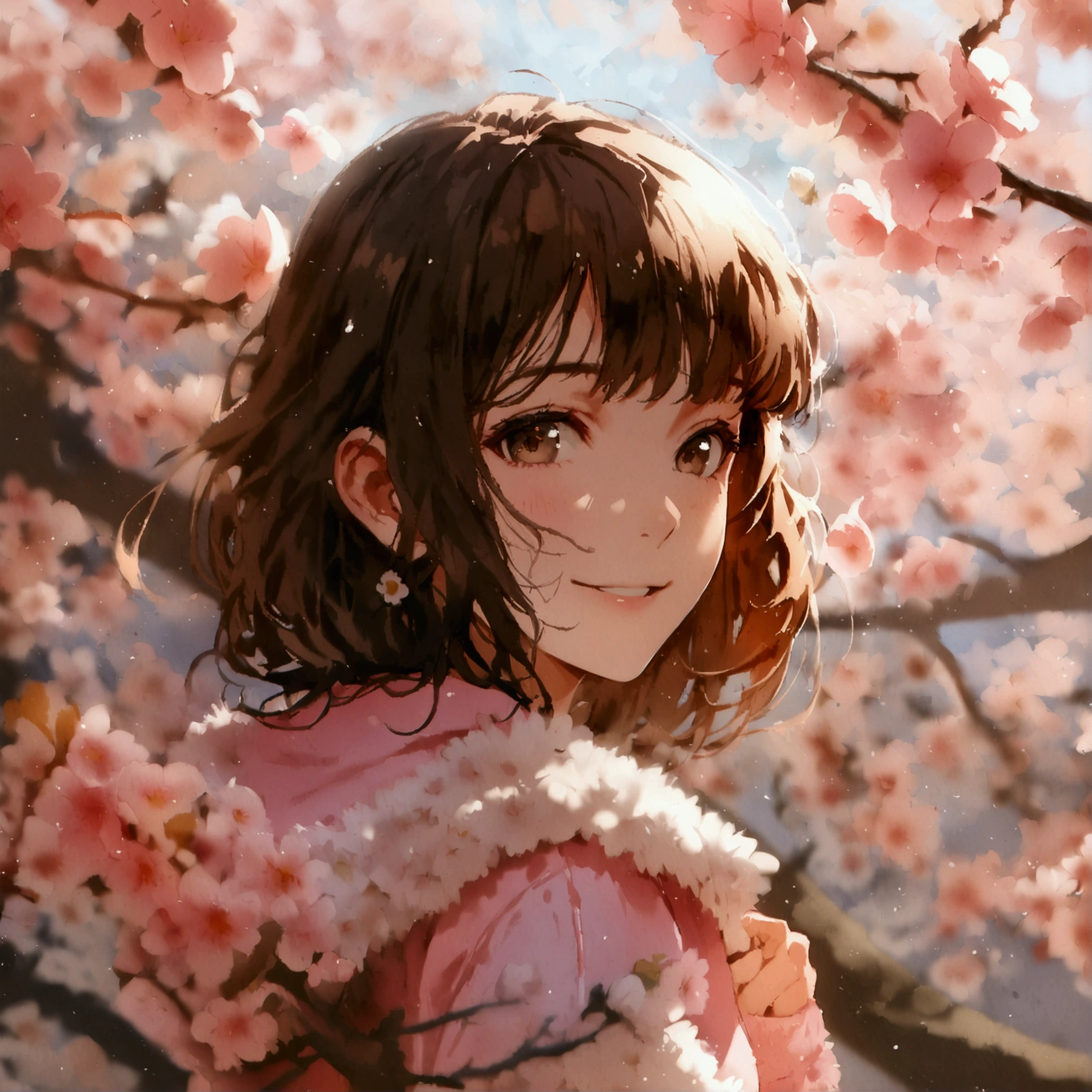 (masterpiece),( top quality),( ultra detail ),( BEST ILLUSTRATION),( best shadow),( absurd),( Detailed Background ),(  very aesthetic ), Megumi Katou,  1 girl, Alone, Brown Hair, smile, flower,  brown eyes, looking at viewer, bangs,  Sleeveless,   long hair, PINK JACKET 