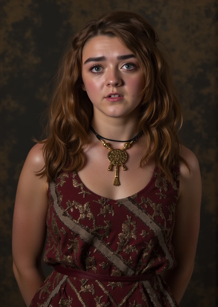 Foto RAW, Arya Stark, Stunning Beauty, Ravishing, Enchantress, Extremely gorgeous lady, Arya Stark PLAYED BY MAISIE WILLIAMS, Queen Arya Stark, she  a mature woman now, milf, sexy mediaeval battle dress, gladiator woman, body, 40 years old Woman, Roman slave dress, cotton dress, busty mediaeval costumes, body revealing costumes, perky breast, big natural breast, erotic costumes, lusty physique, seductive figure can capture every people's attention, Game of thrones costumes, revealing captivating figure, Mediaeval costumes, revealing clothes, A tomboy, she would rather fence than dance, warrior queen , game of thrones screen caps, Game of Thrones Series, (pele altamente detalhada: 1.2), 8k UHD, DSLR, soft-lighting, alta qualidade, grain of film, Fujifilm XT3, flawless picture, highly detailed, detailed Beauty, intricate, 32k, sharp picture,