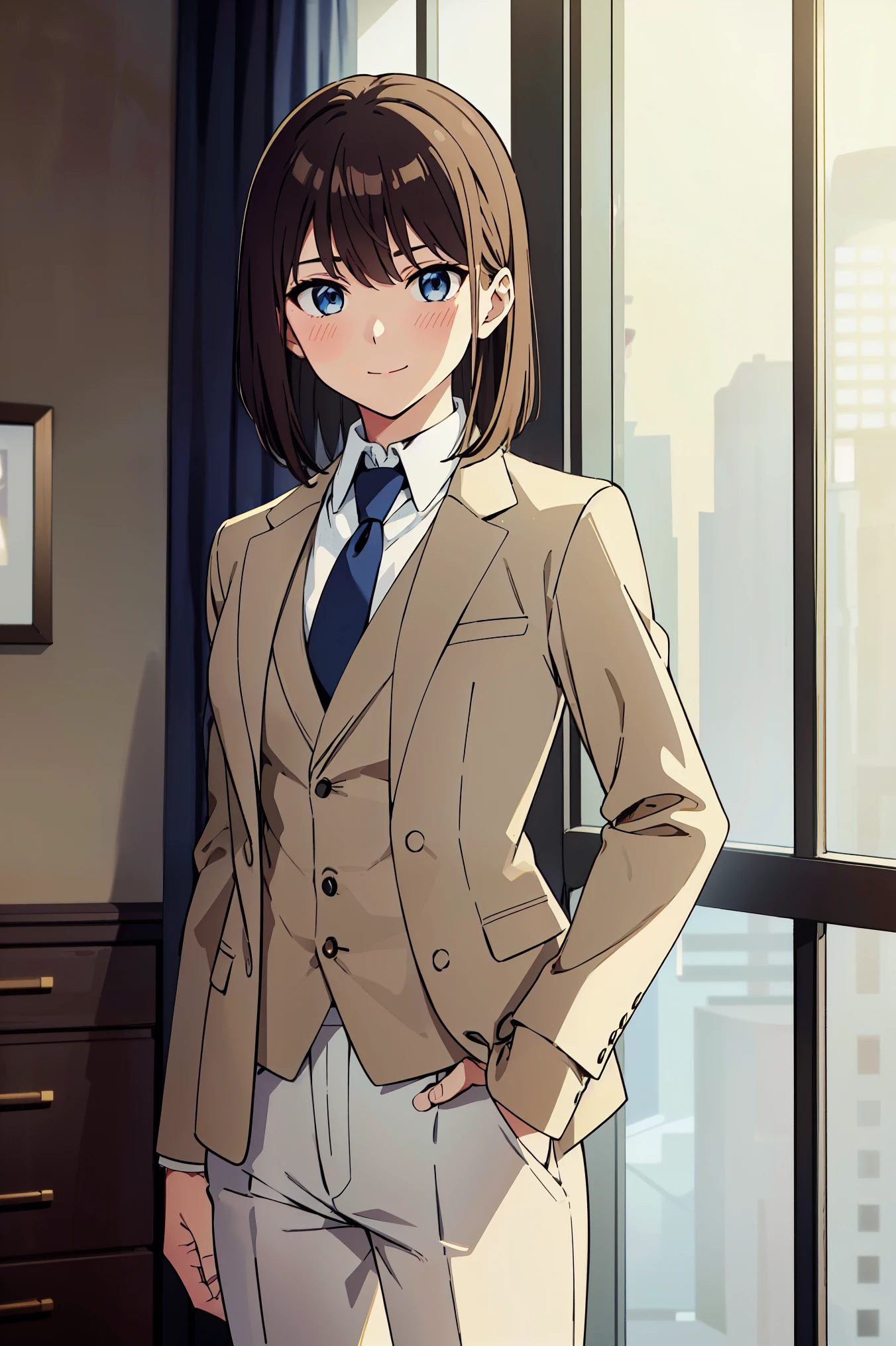 sauce_anime, ambient light,, 1tall girl,
1girl ,, medium hair, beige hair, , bangs, brown eyes,, badass), perfect eyes , Perfect face, expressive eyes,
woman in a black formal attractive suit tuxedo tailcoat standing , 1girl, solo, necktie, brown hair, blue eyes, medium hair, smile, jacket, looking at viewer, shirt, pants, blue necktie, collared shirt, white pants, white shirt, indoors, bangs, long sleeves, closed mouth, window, black jacket, blush, cowboy shot, formal, suit medium breast,