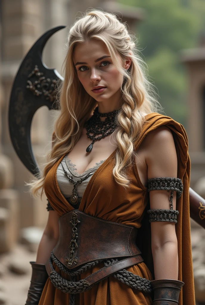 soli [1 woman] , Sex, blonde hair, Giant Chest, (chiseled abdomen), (dark skin), ( bronya), inside a castle, archery, stands with his back;, Sheer clothing, Exciting photo