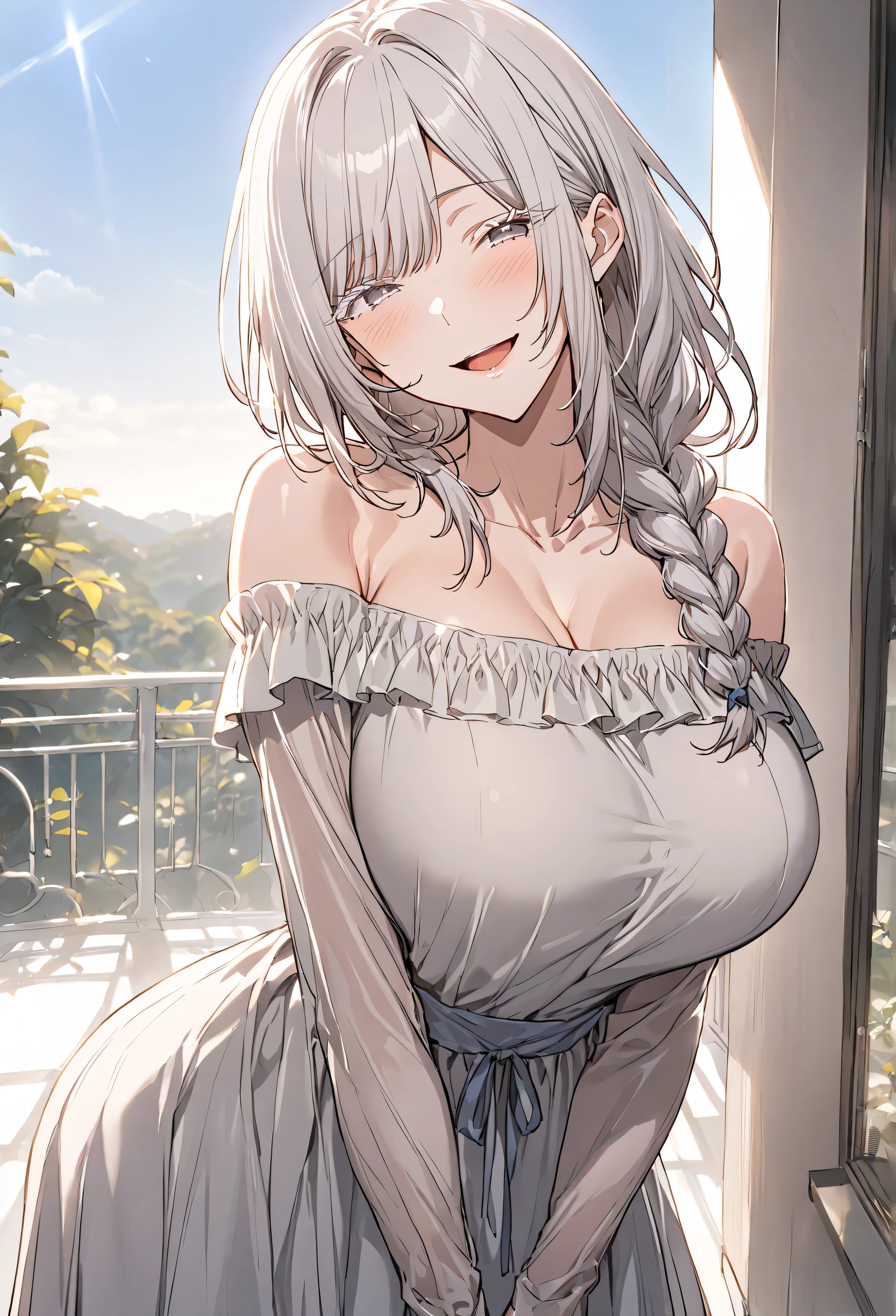 ((best quality)), ((masterpiece)), (detailed), 1 girl, ((mature woman)), milf, busty housewife, eunjung, long hair, white hair, single braid, bangs, gray eyes, colored eyelashes, huge breasts, pose, light smile, gentle smile, seductive smile, (open mouth), warm personality, head tilt slightly, motherly warmth in her posture, expression and eyes, both arms are behind her, standing, wearing a off shoulder princess dress, standing, balcony, nature view, blue sky, backlighting, shadow,