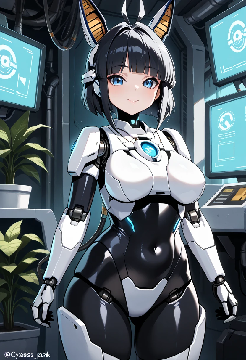 masterpiece, best quality, extremely detailed, (8K, 4K, Best Quality, hight resolution, 超A high resolution:1.1), ,8k portrait, Japaese android Girl,Plump , dark black leg cover,announcer,control panels,android,Droid,Mechanical Hand, Robot arms and legs, Black Robot Parts,Black hair,Mechanical body,Blunt bangs,perfect mechanical abdomen,White robotics parts,perfect robot woman,future laboratory,cyber pank,charging spot,laboratory,long tube,thick cable connected her neck,white ceramic body ,perfect mechanical body, white robot body,lod antenna,mechanical ear cover,android,robot humanoid,black sponge joints,The removable cover is in the groin,The connection port is in the groin,opened chest panel,access panel on the chest,opened breast panel,perfect mechanical breast,perfect machine body,perfect android body,She has repaired,assembly plant,dark black tights,dark black leggings,smile