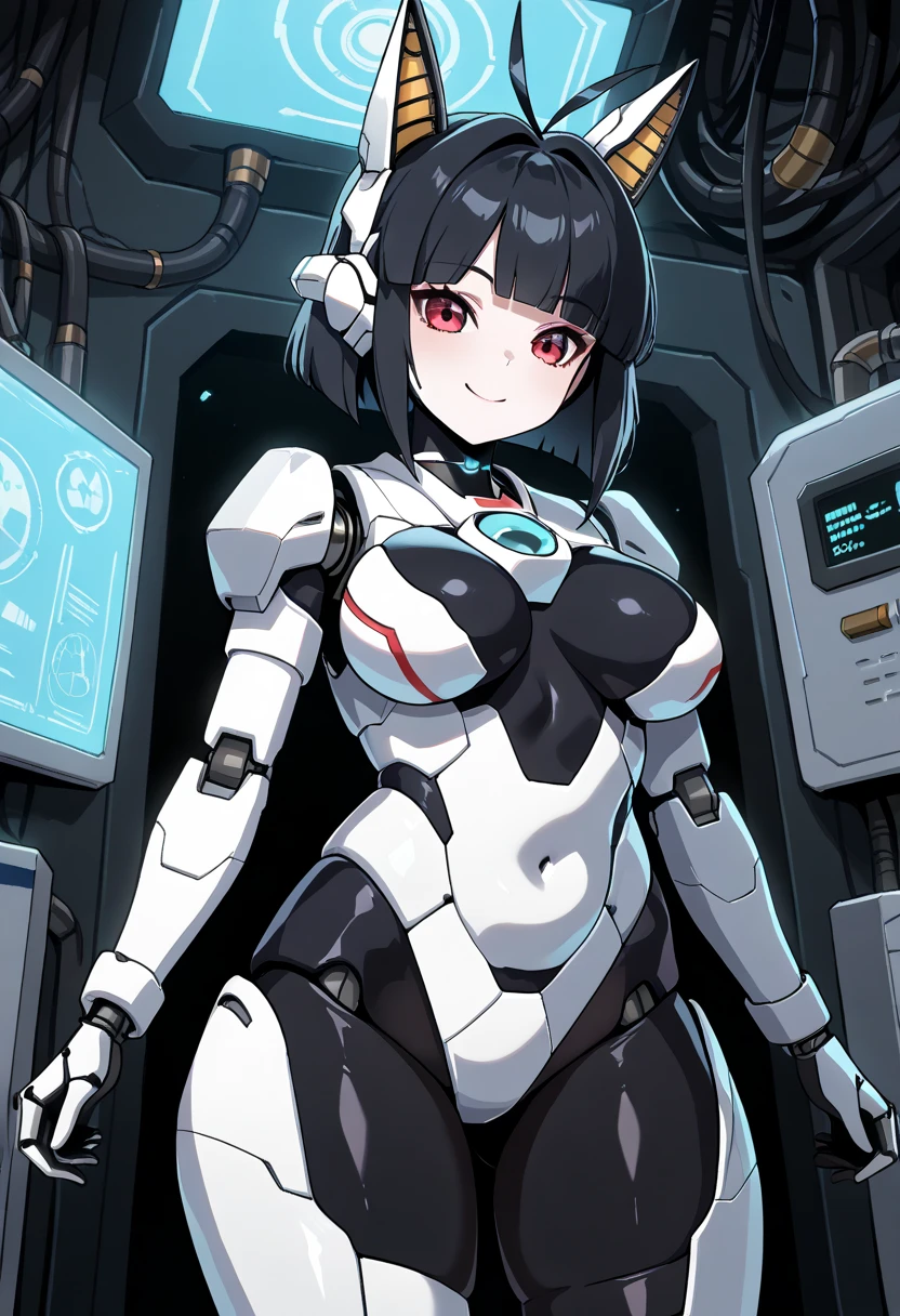 masterpiece, best quality, extremely detailed, (8K, 4K, Best Quality, hight resolution, 超A high resolution:1.1), ,8k portrait, Japaese android Girl,Plump , dark black leg cover,announcer,control panels,android,Droid,Mechanical Hand, Robot arms and legs, Black Robot Parts,Black hair,Mechanical body,Blunt bangs,perfect mechanical abdomen,White robotics parts,perfect robot woman,future laboratory,cyber pank,charging spot,laboratory,long tube,thick cable connected her neck,white ceramic body ,perfect mechanical body, white robot body,lod antenna,mechanical ear cover,android,robot humanoid,black sponge joints,The removable cover is in the groin,The connection port is in the groin,opened chest panel,access panel on the chest,opened breast panel,perfect mechanical breast,perfect machine body,perfect android body,She has repaired,assembly plant,dark black tights,dark black leggings,smile