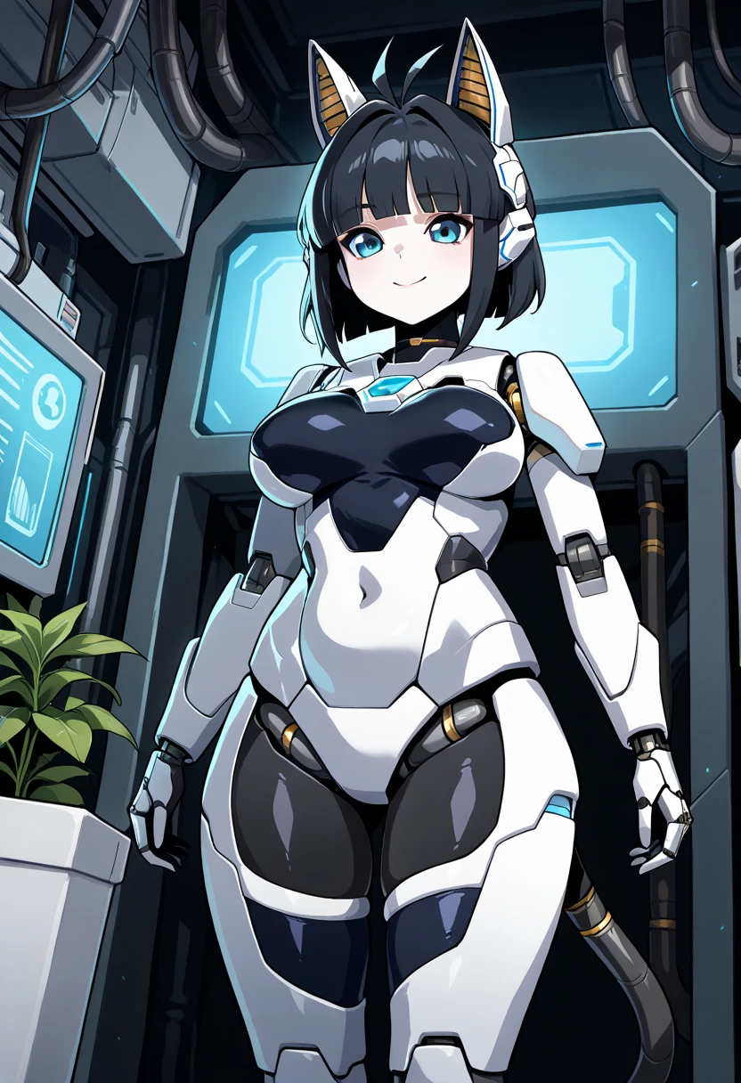 masterpiece, best quality, extremely detailed, (8K, 4K, Best Quality, hight resolution, 超A high resolution:1.1), ,8k portrait, Japaese android Girl,Plump , dark black leg cover,announcer,control panels,android,Droid,Mechanical Hand, Robot arms and legs, Black Robot Parts,Black hair,Mechanical body,Blunt bangs,perfect mechanical abdomen,White robotics parts,perfect robot woman,future laboratory,cyber pank,charging spot,laboratory,long tube,thick cable connected her neck,white ceramic body ,perfect mechanical body, white robot body,lod antenna,mechanical ear cover,android,robot humanoid,black sponge joints,The removable cover is in the groin,The connection port is in the groin,opened chest panel,access panel on the chest,opened breast panel,perfect mechanical breast,perfect machine body,perfect android body,She has repaired,assembly plant,dark black tights,dark black leggings,smile