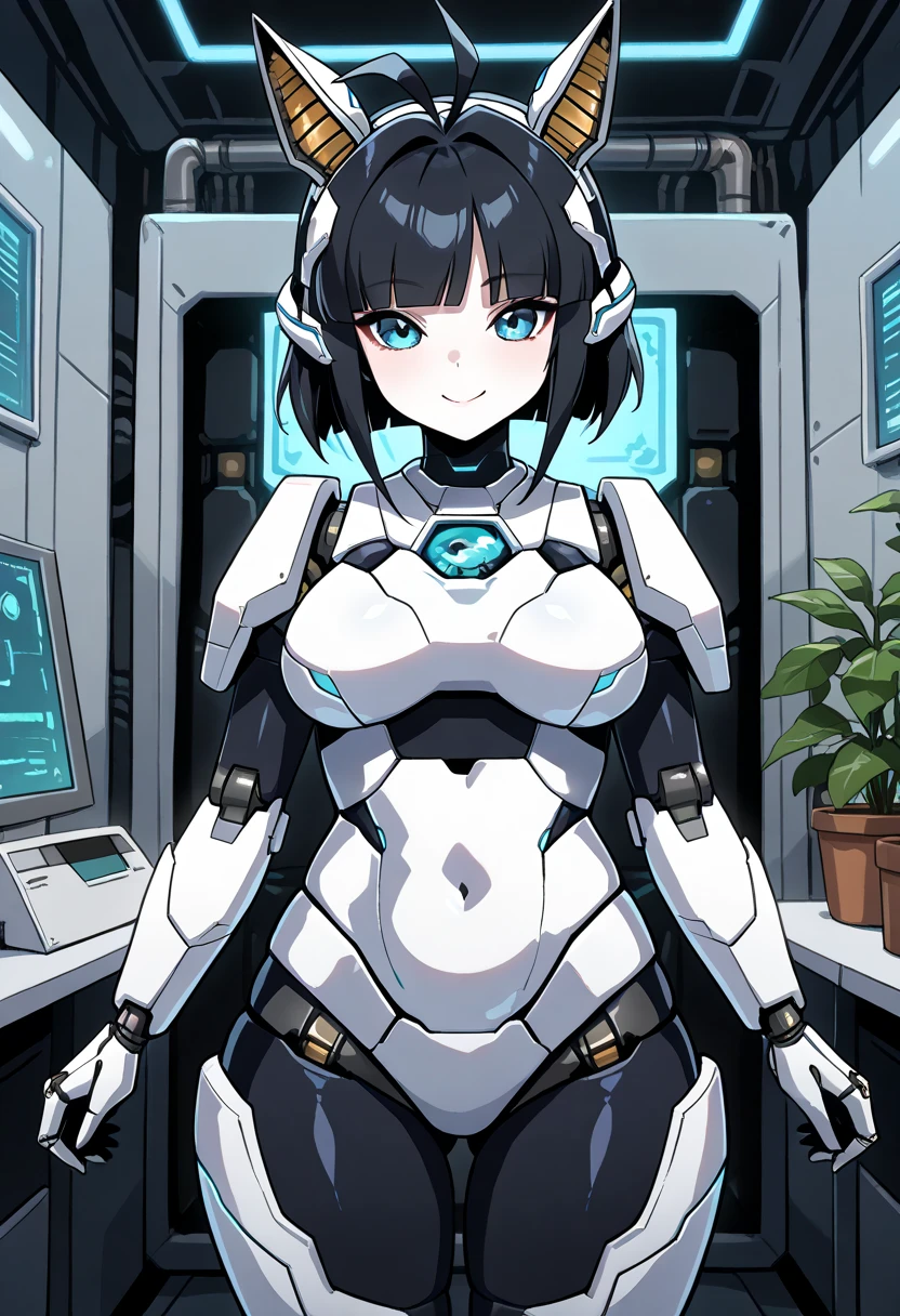 masterpiece, best quality, extremely detailed, (8K, 4K, Best Quality, hight resolution, 超A high resolution:1.1), ,8k portrait, Japaese android Girl,Plump , dark black leg cover,announcer,control panels,android,Droid,Mechanical Hand, Robot arms and legs, Black Robot Parts,Black hair,Mechanical body,Blunt bangs,perfect mechanical abdomen,White robotics parts,perfect robot woman,future laboratory,cyber pank,charging spot,laboratory,long tube,thick cable connected her neck,white ceramic body ,perfect mechanical body, white robot body,lod antenna,mechanical ear cover,android,robot humanoid,black sponge joints,The removable cover is in the groin,The connection port is in the groin,opened chest panel,access panel on the chest,opened breast panel,perfect mechanical breast,perfect machine body,perfect android body,She has repaired,assembly plant,dark black tights,dark black leggings,smile