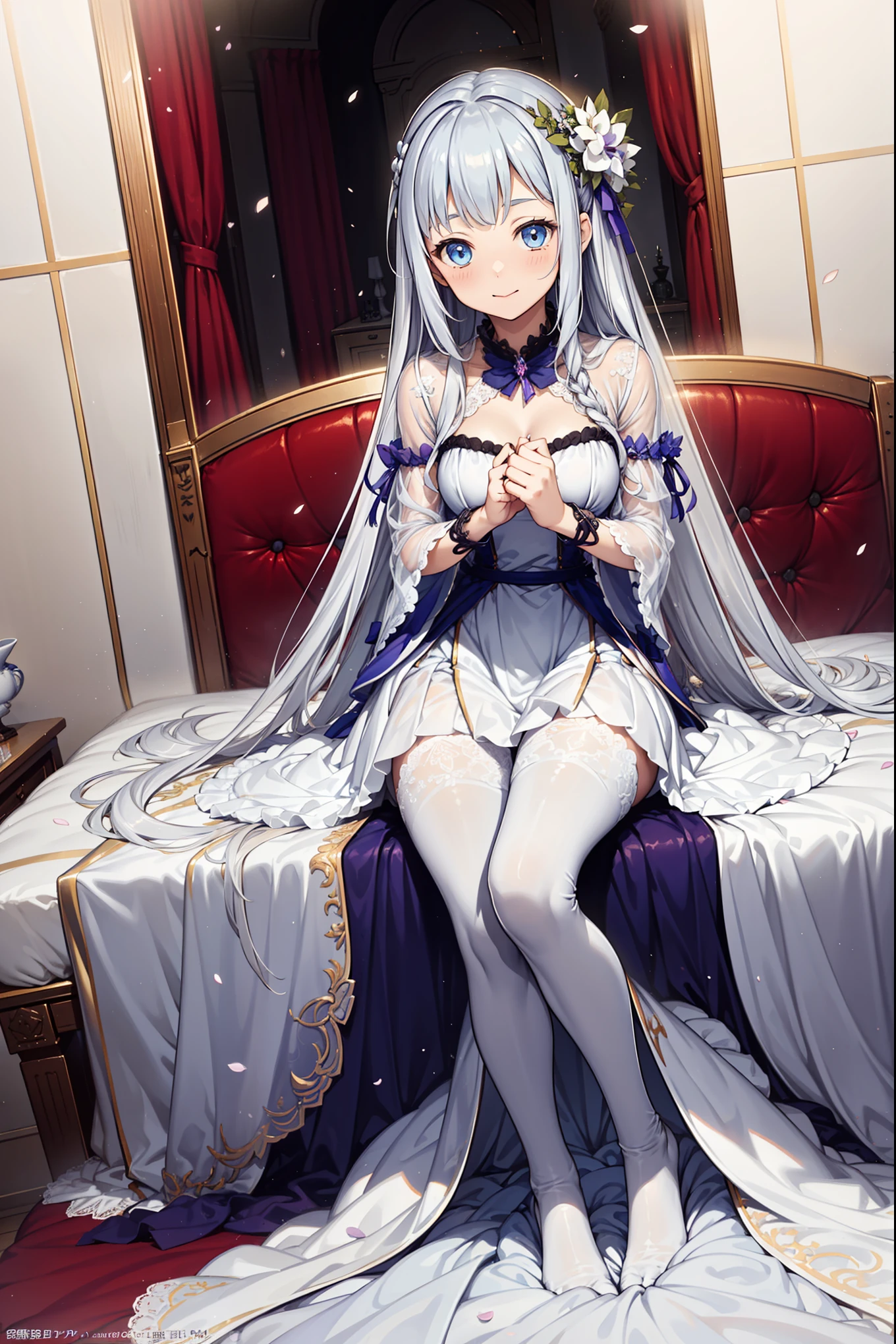 ((masterpiece)),(((best quality))),((ultra-detailed)),((illustration)),((disheveled hair)),((frills)),(1 girl),(solo),Trailing wedding dress, bridal veil, bride, cleavage, silk gloves, necklace, pearl necklace, sapphire (gemstone), shiny, shiny hair, skirt hold, skirt lift, skirt pull, strapless, strapless dress, white dress, blue eyes, breasts, chair, closed mouth, clothing, curtains, day, desk, drawer, eyelashes, feet, female, full body, hair between eyes, headwear, indoors, lipstick, long hair, looking at viewer, makeup, medium breasts, no shoes, office chair, shadow, sitting, smile, soles, spread legs, sunlight, toes, window, wink, Bare legs, gray hair, lexington \(warship girls r\), lens flare