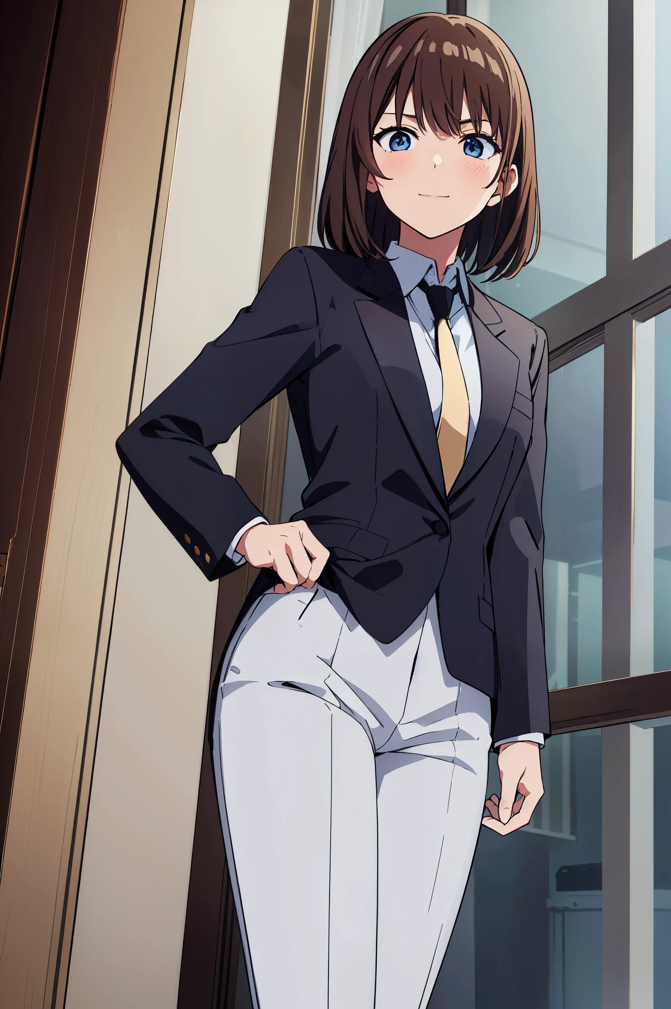 sauce_anime, ambient light,, 1tall girl,
1girl ,, medium hair, beige hair, , bangs, brown eyes,, badass), perfect eyes , Perfect face, expressive eyes,
woman in a black formal attractive suit tuxedo tailcoat standing , 1girl, solo, necktie, brown hair, blue eyes, medium hair, smile, jacket, looking at viewer, shirt, pants, blue necktie, collared shirt, white pants, white shirt, indoors, bangs, long sleeves, closed mouth, window, black jacket, blush, cowboy shot, formal, suit medium breast,