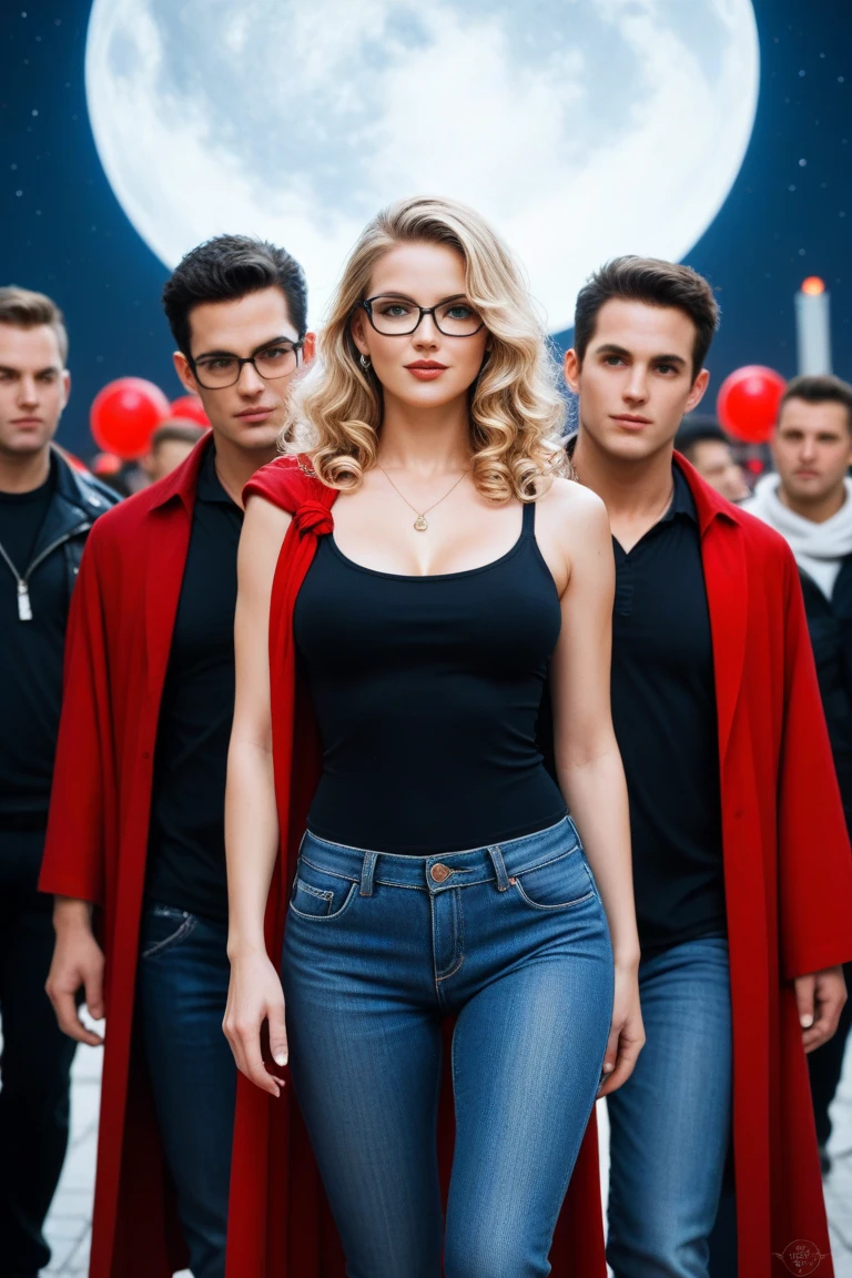  Imagine a group of heroes walking on the moon . They are 5 men and two women .  one of the men is fat and wears side hair and glasses in addition to jeans and a full shirt and a red cape.  Another of the men is black and wears white clothes .  One of the women is blonde and has long hair .  The other woman is thin and has short curly hair . comics style. 