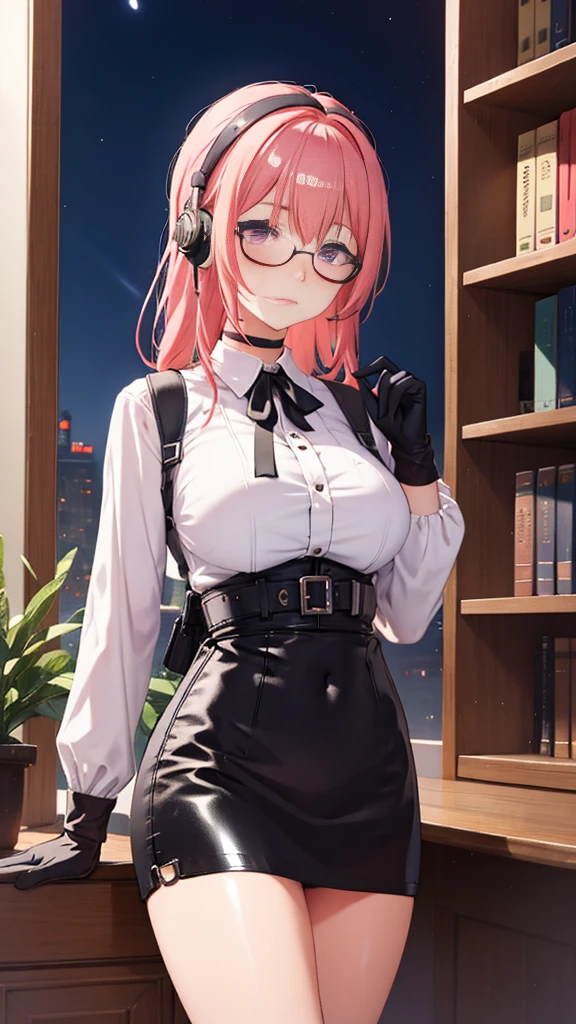 1 girl, Yanagi Tsukishiro , Alone, standing, front view,  looking at the spectator ,  beautiful eyes ,  detailed eyes , purple eyes,  simple shoulder strap , earpiece, harness, glasses,  choker :1.6,  black gloves, shiny high-waisted miniskirt,  white shirt with collar,  simple shoulder strap , auricular, harness,  neck strap ,  shy expression ,  gunman shot, biblioteca antigua gothic style, gothic style,  at night