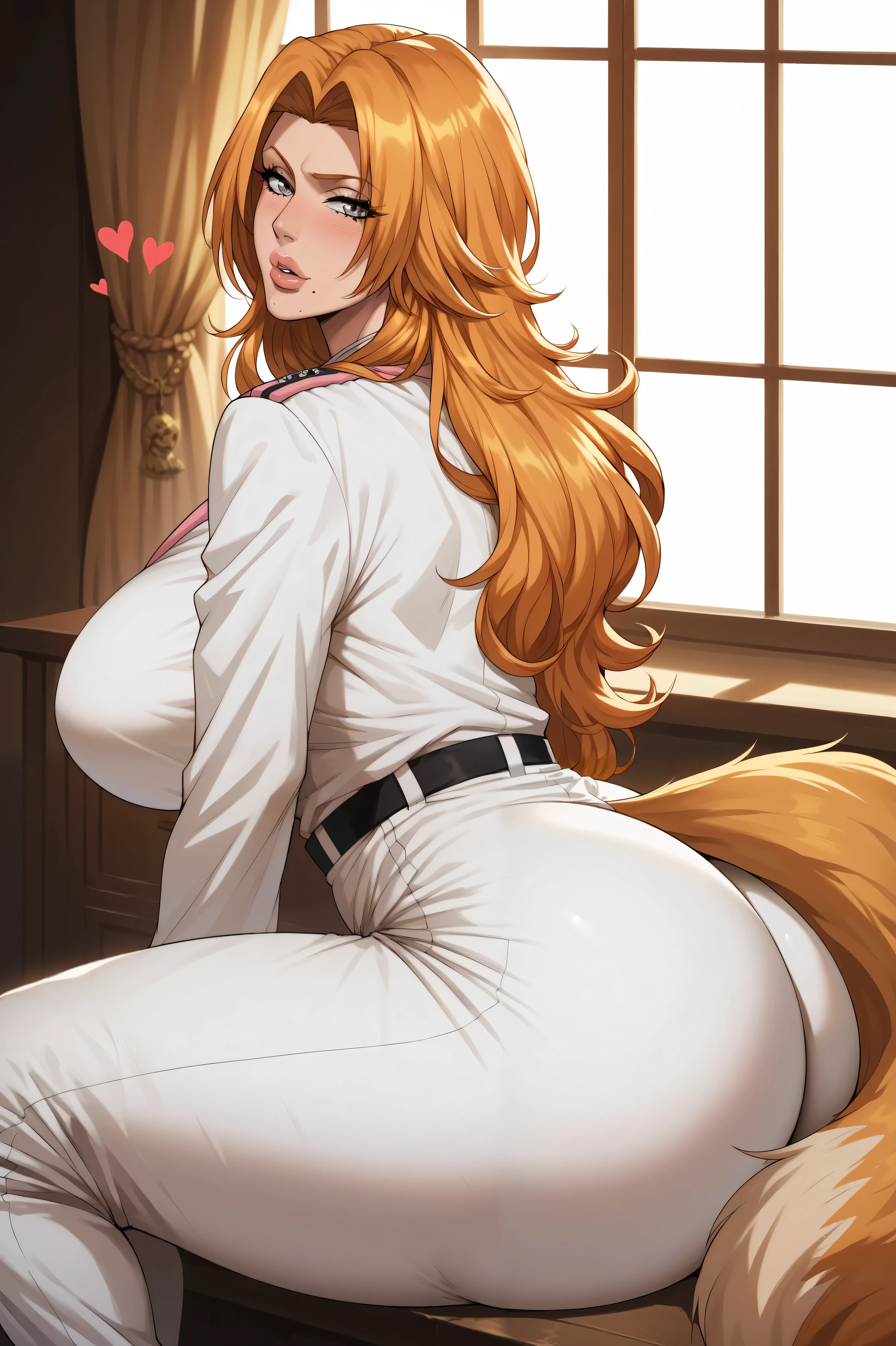 rating_explicit heat body, tall, milf, rangiku matsumoto, long hair, grey eyes, orange hair, mole, mole under mouth, parted bangs,, white monk uniform, long sleeves, detailed eyes, heart shaped lips, fox tail. senos enormes, bottomheavy, gigantic ass, massive thighs,(obra maestra, altamente detallado, la mejor calidad, 8k),