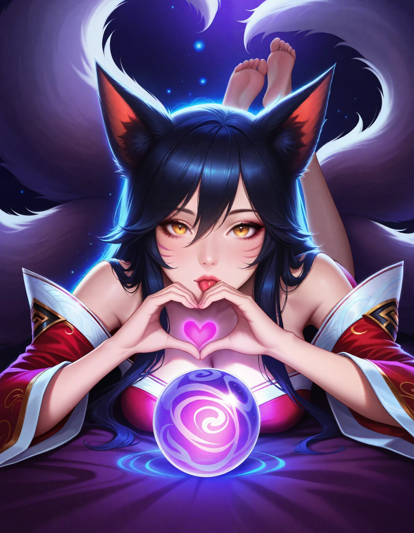 solo, ahri \(league of legends\),eye reflection,kiss,bare shoulders,cleavage,breasts, heart_hands,cosplay, seductive eyes,bedroom eyes, 1girl,solo,lying,outstretched hand, animal ears,fox girl,fox tail,kitsune,kyuubi, bare shoulders,off shoulder, black hair,hair between eyes, long sleeves,detached sleeves, narrow waist,bare legs, multiple tails,looking at viewer, magic,magic particles,magic aura,magic ball, bokeh, realistic,absurdres,highres, score_9,photography,dark shadows,High contrast,80mm lens,F2.8,ray tracing,