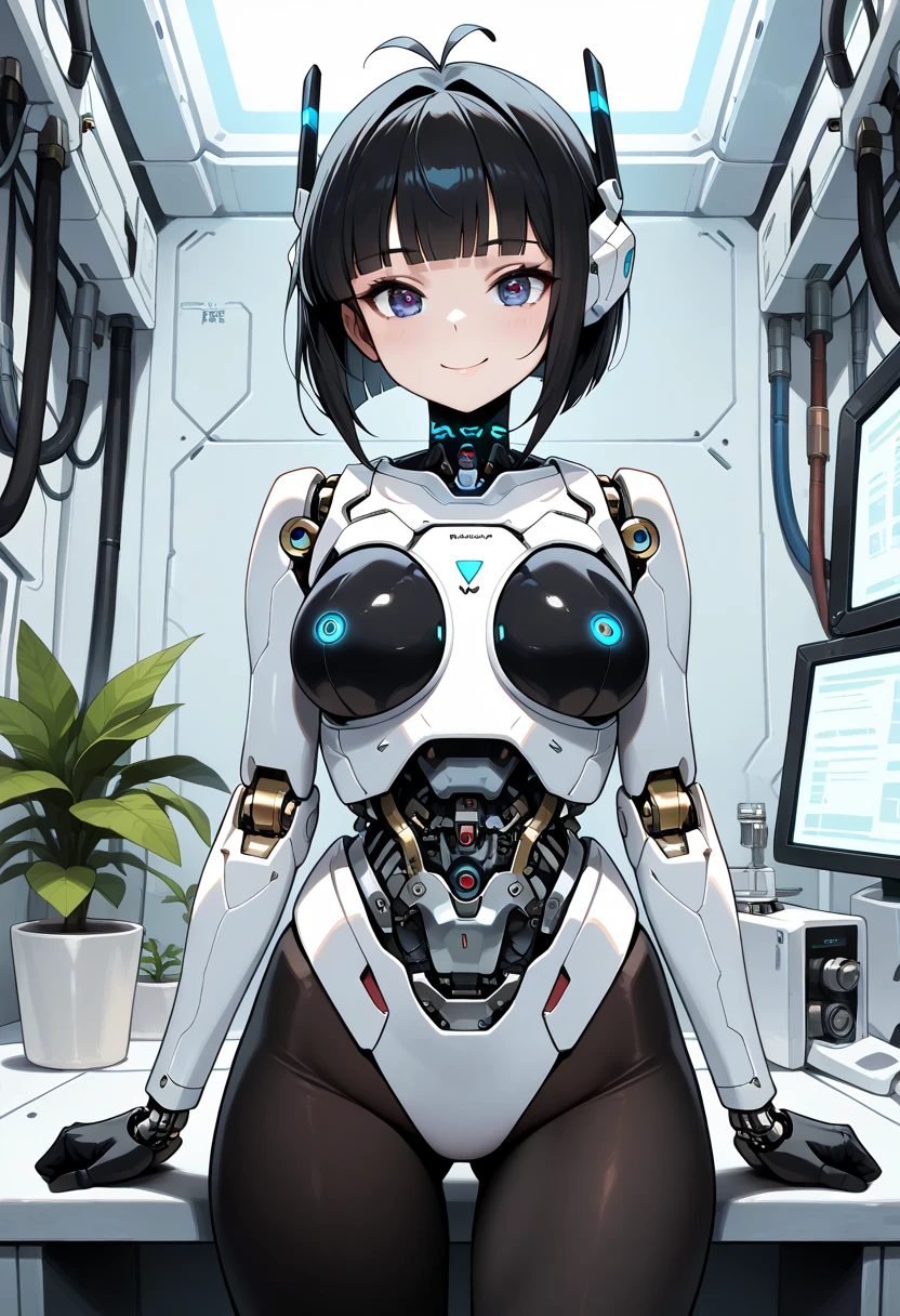 masterpiece, best quality, extremely detailed, (8K, 4K, Best Quality, hight resolution, 超A high resolution:1.1), ,8k portrait, Japaese android Girl,Plump , dark black leg cover,announcer,control panels,android,Droid,Mechanical Hand, Robot arms and legs, Black Robot Parts,Black hair,Mechanical body,Blunt bangs,perfect mechanical abdomen,White robotics parts,perfect robot woman,future laboratory,cyber pank,charging spot,laboratory,long tube,thick cable connected her neck,white ceramic body ,perfect mechanical body, white robot body,lod antenna,mechanical ear cover,android,robot humanoid,black sponge joints,The removable cover is in the groin,The connection port is in the groin,opened chest panel,access panel on the chest,opened breast panel,perfect mechanical breast,perfect machine body,perfect android body,She has repaired,assembly plant,dark black tights,dark black leggings,smile