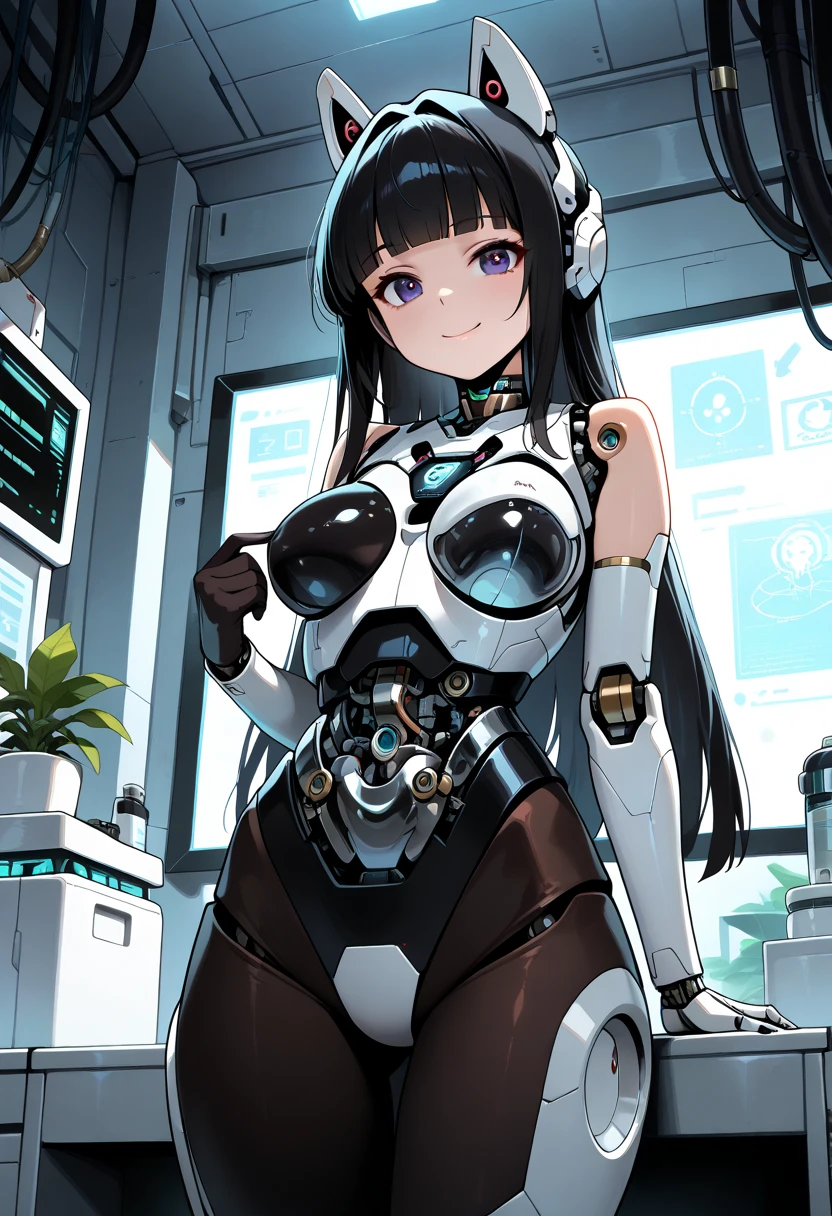 masterpiece, best quality, extremely detailed, (8K, 4K, Best Quality, hight resolution, 超A high resolution:1.1), ,8k portrait, Japaese android Girl,Plump , dark black leg cover,announcer,control panels,android,Droid,Mechanical Hand, Robot arms and legs, Black Robot Parts,Black hair,Mechanical body,Blunt bangs,perfect mechanical abdomen,White robotics parts,perfect robot woman,future laboratory,cyber pank,charging spot,laboratory,long tube,thick cable connected her neck,white ceramic body ,perfect mechanical body, white robot body,lod antenna,mechanical ear cover,android,robot humanoid,black sponge joints,The removable cover is in the groin,The connection port is in the groin,opened chest panel,access panel on the chest,opened breast panel,perfect mechanical breast,perfect machine body,perfect android body,She has repaired,assembly plant,dark black tights,dark black leggings,smile