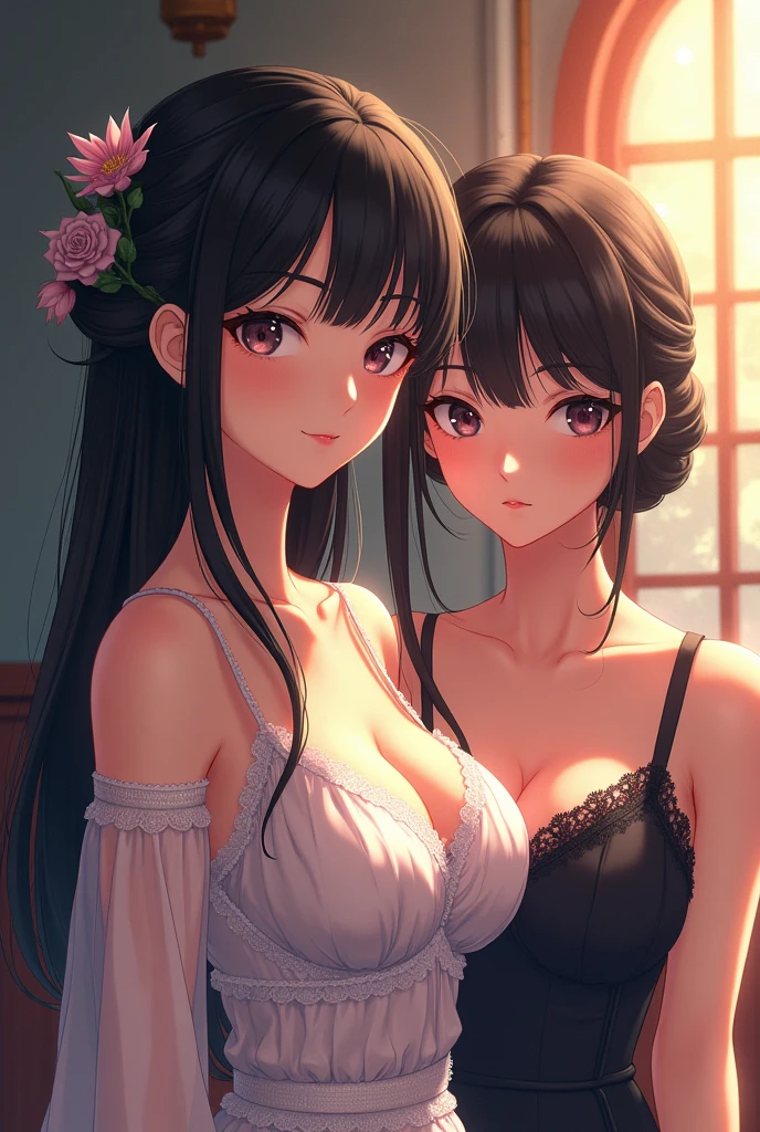  the greatest beauty in the anime world ,  Ikuta Erika , Alice Hirose,  Long Black Hair Updo , Mid-chest,  best quality,  high image quality, masterpiece, 8K wallpaper,  high definition ,  Detailed Anime Art , 