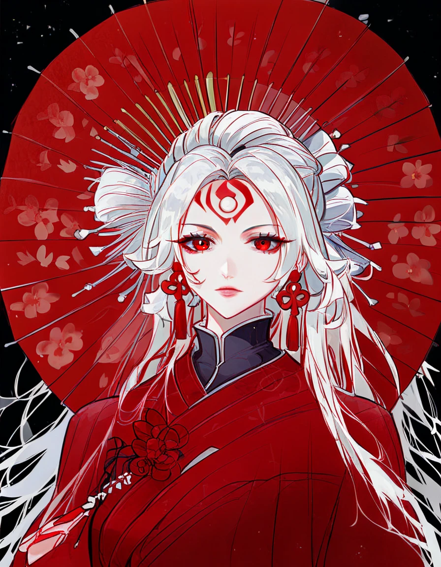 Painting of a woman holding a red paper umbrella , Gu Weiss, artwork in the style of Gu Weiss, Pastel anime illustration,  Beautiful Figure Painting , White-haired gods, Gu Weiss on pixiv artstation, Gu Weiss masterpiece,  Onmyoji detailed art , Use anime drawing tools to create , Gu Weiss on artstation pixiv阴阳头左白右黑， rabbit ear left black right white ，woman， costume Jianghu Knight ， holding a red umbrella ，Single red eyes ， forehead imprint ，Red Line，8k 虚拟 character design ，Role concept table， ancient design ， best quality full body portrait， character design ，Role List