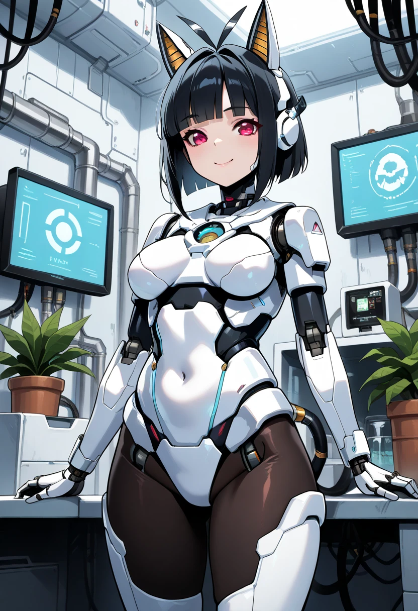 masterpiece, best quality, extremely detailed, (8K, 4K, Best Quality, hight resolution, 超A high resolution:1.1), ,8k portrait, Japaese android Girl,Plump , dark black leg cover,announcer,control panels,android,Droid,Mechanical Hand, Robot arms and legs, Black Robot Parts,Black hair,Mechanical body,Blunt bangs,perfect mechanical abdomen,White robotics parts,perfect robot woman,future laboratory,cyber pank,charging spot,laboratory,long tube,thick cable connected her neck,white ceramic body ,perfect mechanical body, white robot body,lod antenna,mechanical ear cover,android,robot humanoid,black sponge joints,The removable cover is in the groin,The connection port is in the groin,opened chest panel,access panel on the chest,opened breast panel,perfect mechanical breast,perfect machine body,perfect android body,She has repaired,assembly plant,dark black tights,dark black leggings,smile