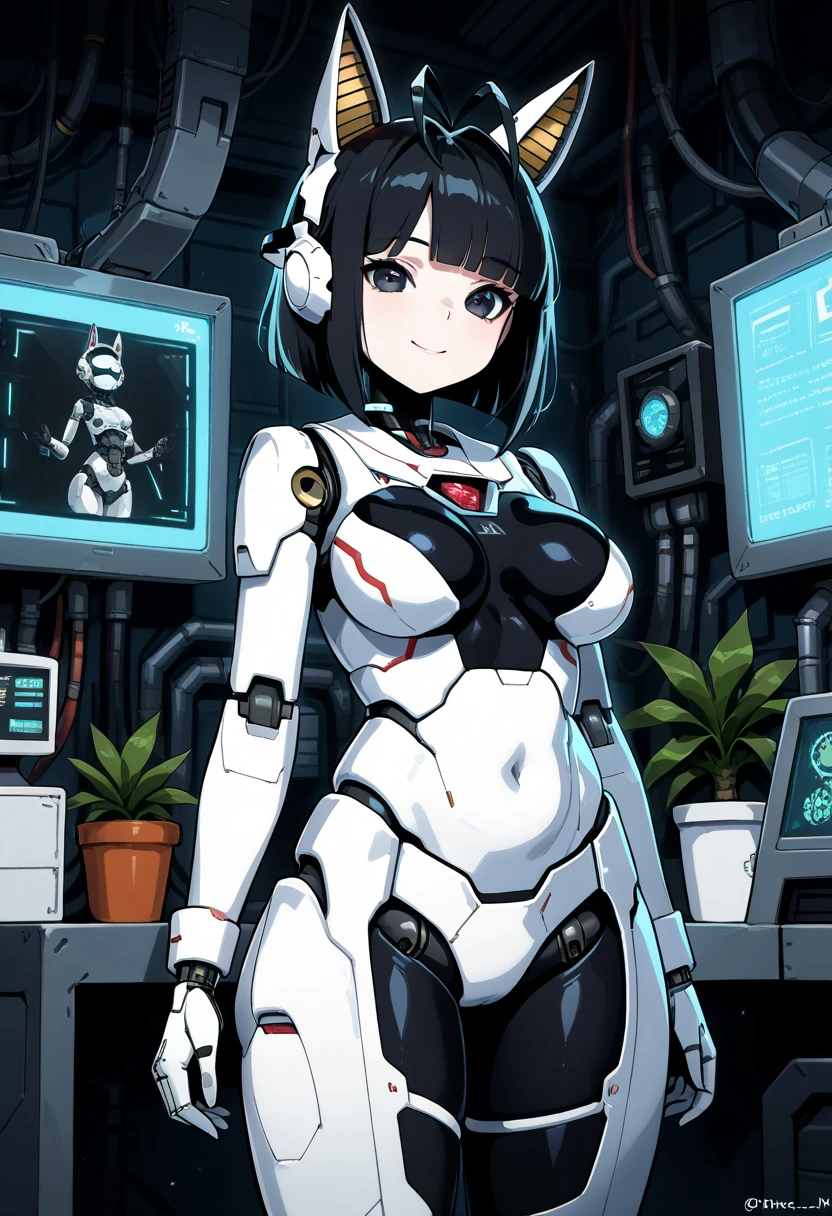 masterpiece, best quality, extremely detailed, (8K, 4K, Best Quality, hight resolution, 超A high resolution:1.1), ,8k portrait, Japaese android Girl,Plump , dark black leg cover,announcer,control panels,android,Droid,Mechanical Hand, Robot arms and legs, Black Robot Parts,Black hair,Mechanical body,Blunt bangs,perfect mechanical abdomen,White robotics parts,perfect robot woman,future laboratory,cyber pank,charging spot,laboratory,long tube,thick cable connected her neck,white ceramic body ,perfect mechanical body, white robot body,lod antenna,mechanical ear cover,android,robot humanoid,black sponge joints,The removable cover is in the groin,The connection port is in the groin,opened chest panel,access panel on the chest,opened breast panel,perfect mechanical breast,perfect machine body,perfect android body,She has repaired,assembly plant,dark black tights,dark black leggings,smile