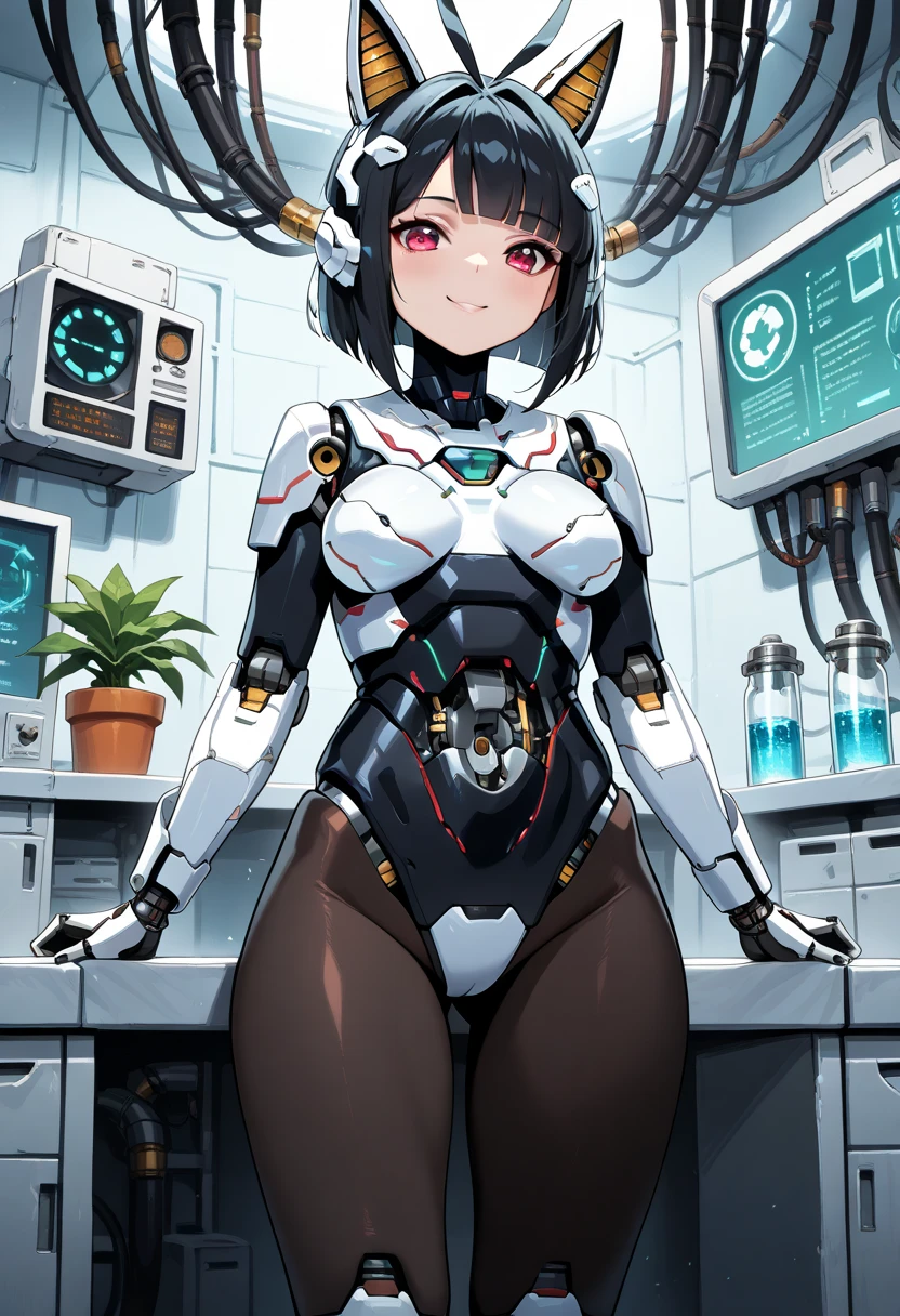 masterpiece, best quality, extremely detailed, (8K, 4K, Best Quality, hight resolution, 超A high resolution:1.1), ,8k portrait, Japaese android Girl,Plump , dark black leg cover,announcer,control panels,android,Droid,Mechanical Hand, Robot arms and legs, Black Robot Parts,Black hair,Mechanical body,Blunt bangs,perfect mechanical abdomen,White robotics parts,perfect robot woman,future laboratory,cyber pank,charging spot,laboratory,long tube,thick cable connected her neck,white ceramic body ,perfect mechanical body, white robot body,lod antenna,mechanical ear cover,android,robot humanoid,black sponge joints,The removable cover is in the groin,The connection port is in the groin,opened chest panel,access panel on the chest,opened breast panel,perfect mechanical breast,perfect machine body,perfect android body,She has repaired,assembly plant,dark black tights,dark black leggings,smile