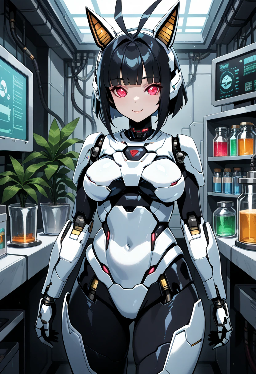 masterpiece, best quality, extremely detailed, (8K, 4K, Best Quality, hight resolution, 超A high resolution:1.1), ,8k portrait, Japaese android Girl,Plump , dark black leg cover,announcer,control panels,android,Droid,Mechanical Hand, Robot arms and legs, Black Robot Parts,Black hair,Mechanical body,Blunt bangs,perfect mechanical abdomen,White robotics parts,perfect robot woman,future laboratory,cyber pank,charging spot,laboratory,long tube,thick cable connected her neck,white ceramic body ,perfect mechanical body, white robot body,lod antenna,mechanical ear cover,android,robot humanoid,black sponge joints,The removable cover is in the groin,The connection port is in the groin,opened chest panel,access panel on the chest,opened breast panel,perfect mechanical breast,perfect machine body,perfect android body,She has repaired,assembly plant,dark black tights,dark black leggings,smile