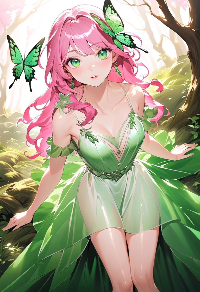 An anime girl，Pink long hair，Green eyes，chest，thigh，Flower Fairy Costume，garden