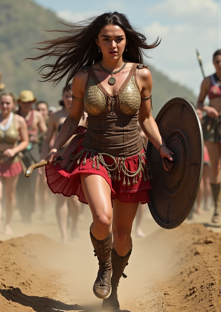 arafed woman in a warrior costume running with a shield and shield, a digital rendering by Wayne England, cgsociety contest winner, sots art, greek amazon warrior, female warrior, warrior woman, barbarian warrior woman, a beautiful woman warrior, aztec princess fights barbarians, muscular warrior women, warrior girl, north female warrior, north  female warrior, beautiful female warrior