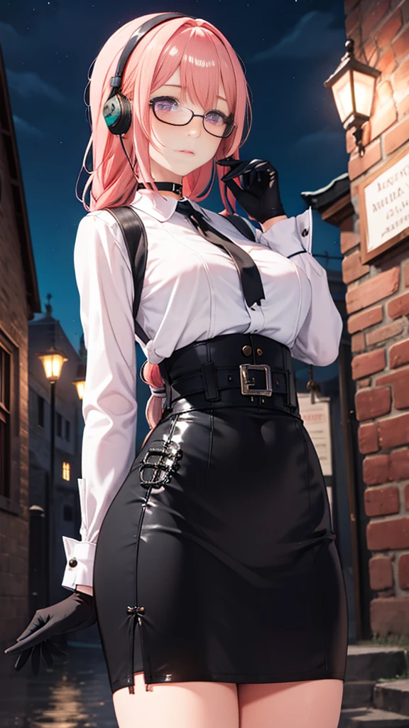 1 girl, Yanagi Tsukishiro , Alone, standing, front view,  looking at the spectator ,  beautiful eyes ,  detailed eyes , purple eyes, simple samurai shoulder pad , earpiece, harness, glasses,  choker :1.6,  black gloves, shiny high-waisted miniskirt,  white shirt with collar,  dark green neck strap,  shy expression ,  gunman shot, biblioteca antigua gothic style, gothic style,  at night