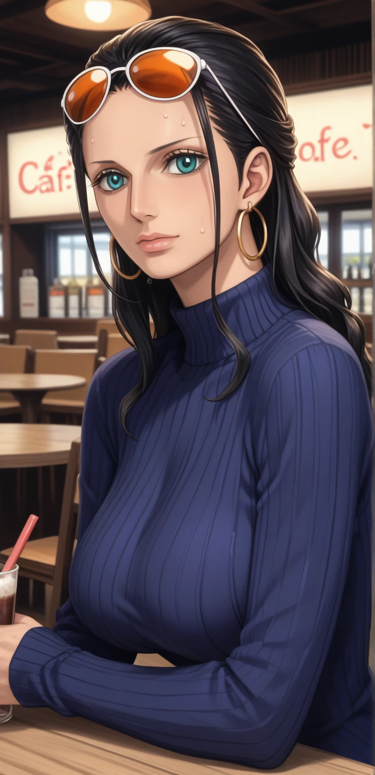 masterpiece, highest quality, Beautiful woman, whole body, Detailed hairstyle, I was sweating, Hoop Earrings, Mature Woman, indoor, nico robin, sunglasses, Wear glasses on your head, Long Hair, big breasts sweater, sit on cafe ，（8k，RAW Photos），（Best Quality），（Masterpiece Loose），（Realistic，）（Realistic），（High resolution），Hyper Detail，（Gentle Realism：1.1），Beautiful Face， （1 Female：1.1），High resolution), (8k), (Very detailed), (4K), (Pixiv), Perfect Face, Beautiful eyes and face, (highest quality), (Very detailed), Detailed face and eyes, (alone), Textured skin, absurdes, High resolution,