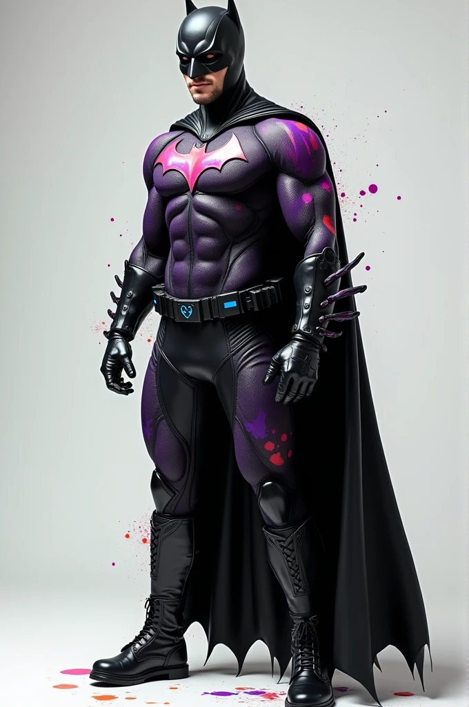 Batman, macho, alto, hunk, musculoso, preto e neon terno verde, detalhes verdes neon no terno, melhor qualidade, obra-prima, capa preta longa, orelhas curtas no capacete, olhos brancos, sem pupilas, serious face, terno ultra detalhado, rosto detalhado, pose poderosa, melhor qualidade, alta resolução: 1.2, cinto de ultilidade cinza escuro, noite, atmosfera escura, capa fluida, premiado,  sombra, volumeric lighting, um Cavalheiro de Espada Azulado e um gigantesco Homem