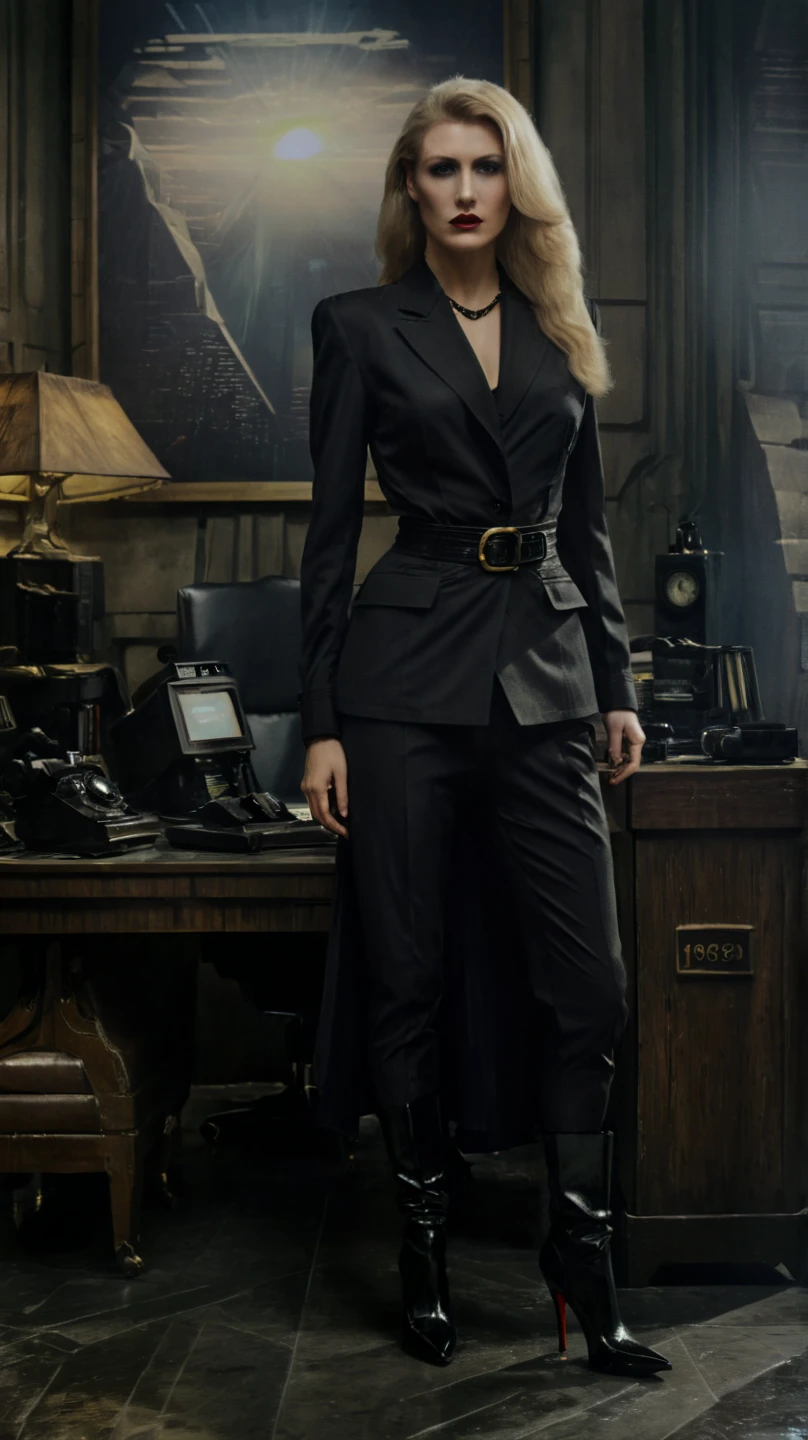 A powerful businesswoman stands confidently in a   O'Brien's quarters from George Orwell's 1984 office, donning black Louboutin stiletto boots that adorn her feet. Her long, golden long blonde hair cascades down her back, complementing her tailored black suit, black shirt and pants, reminiscent of 90's power dressing, female O'Brien's outfit from George Orwell's 1984, the office background is a precise replica of O'Brien's quarters from George Orwell's 1984, complete with a one big telescreen reminiscent of the novel. The atmosphere is one of foreboding and surveillance, with the dark, muted tones of the office evoking a sense of oppression. The overall feel is one of majestic realism,CGI NOIR aesthetics. Luv from Blade Runner dressing code and makeups. Her facial expression exudes a sense of authority and intensity, with a lot of sadistic charm. The full-body portrait is rendered in a Renaissance era style, with realistic hyper-detail and a figurative painting aesthetic, similar to Greg Rutkowski's work, captured in stunning 4K detail.