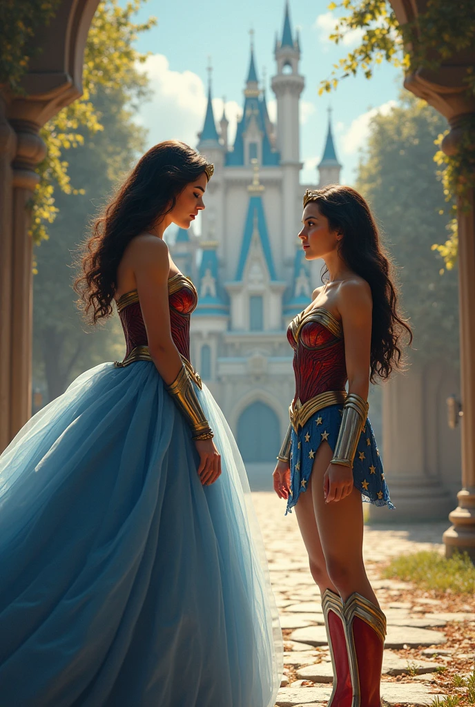 (Raw photo:1.2), (Photorealistic), Beautiful detailed girl, Very detailed eyes and face, Beautiful detailed eyes, Huge file size, High resolution, Very detailed, Best Quality, [masutepiece:1.6], Illustration, Very detailed, Fine detail, Best Quality, 8K Wallpaper, Movie Lighting,15 year old disney princess, Two beautiful princesses are walking down the street wearing Disney style underwear。princess underwear, princess bra, disney style panties,  Disney Art Style, Disney Concept Art, Disney Art Style, by disney, disney character style, Disney Art, Disney Princess