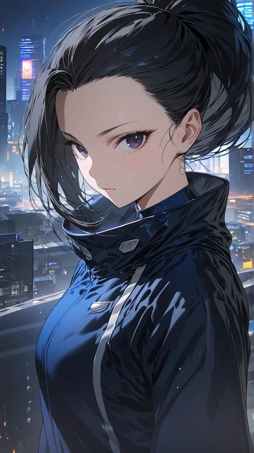  top quality, masterpiece,  high definition , masterpiece, 
Eight million,  1 girl,  close-up ,  dark eyes,  black hair,   ponytail,  long hair,  's hair was pulled back by fajyobore , , Alone, looking at viewer, Hero Costumes,  Tokyo city background 