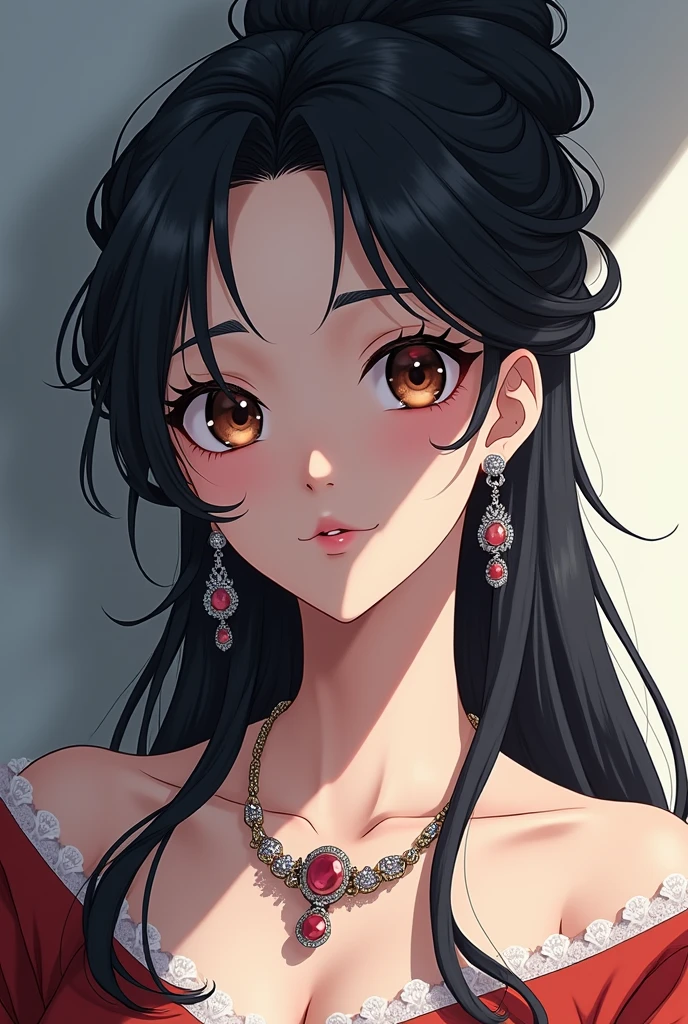  the greatest beauty in the anime world ,  Ikuta Erika , Alice Hirose,  Long Black Hair Updo , Mid-chest,  earrings,  necklace,  best quality,  high image quality, masterpiece, 8K wallpaper,  high definition ,  Detailed Anime Art , 