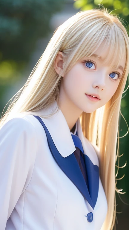  portrait、( school uniform )、Young shiny white bright shiny skin 、The best baby face looks、Blonde reflection、 natural platinum blonde hair with dazzling highlights 、 shiny bright hair ,、 Smooth, Super Long, Super Long Straight Hair 、Shiny, beautiful bangs、Bangs between the eyes、Bangs above the face、Big, shining clear, incredibly bright, bright sky blue eyes、 Very Big Eyes 、very beautiful lovely cute  girl 、Ample Bust、With slit、((I could see the whole body))、Small Face Beauty、Round face