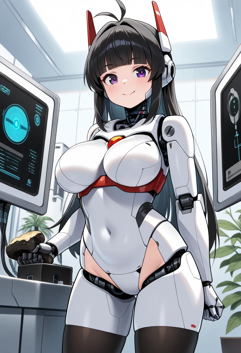 masterpiece, best quality, extremely detailed, (8K, 4K, Best Quality, hight resolution, 超A high resolution:1.1), ,8k portrait, Japaese android Girl,Plump , dark black leg cover,announcer,control panels,android,Droid,Mechanical Hand, Robot arms and legs, Black Robot Parts,Black hair,Mechanical body,Blunt bangs,perfect mechanical abdomen,White robotics parts,perfect robot woman,future laboratory,cyber pank,charging spot,laboratory,long tube,thick cable connected her neck,white ceramic body ,perfect mechanical body, white robot body,lod antenna,mechanical ear cover,android,robot humanoid,black sponge joints,The removable cover is in the groin,The connection port is in the groin,opened chest panel,access panel on the chest,opened breast panel,perfect mechanical breast,perfect machine body,perfect android body,She has repaired,assembly plant,dark black tights,dark black leggings,smile