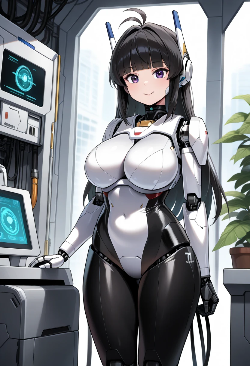 masterpiece, best quality, extremely detailed, (8K, 4K, Best Quality, hight resolution, 超A high resolution:1.1), ,8k portrait, Japaese android Girl,Plump , dark black leg cover,announcer,control panels,android,Droid,Mechanical Hand, Robot arms and legs, Black Robot Parts,Black hair,Mechanical body,Blunt bangs,perfect mechanical abdomen,White robotics parts,perfect robot woman,future laboratory,cyber pank,charging spot,laboratory,long tube,thick cable connected her neck,white ceramic body ,perfect mechanical body, white robot body,lod antenna,mechanical ear cover,android,robot humanoid,black sponge joints,The removable cover is in the groin,The connection port is in the groin,opened chest panel,access panel on the chest,opened breast panel,perfect mechanical breast,perfect machine body,perfect android body,She has repaired,assembly plant,dark black tights,dark black leggings,smile