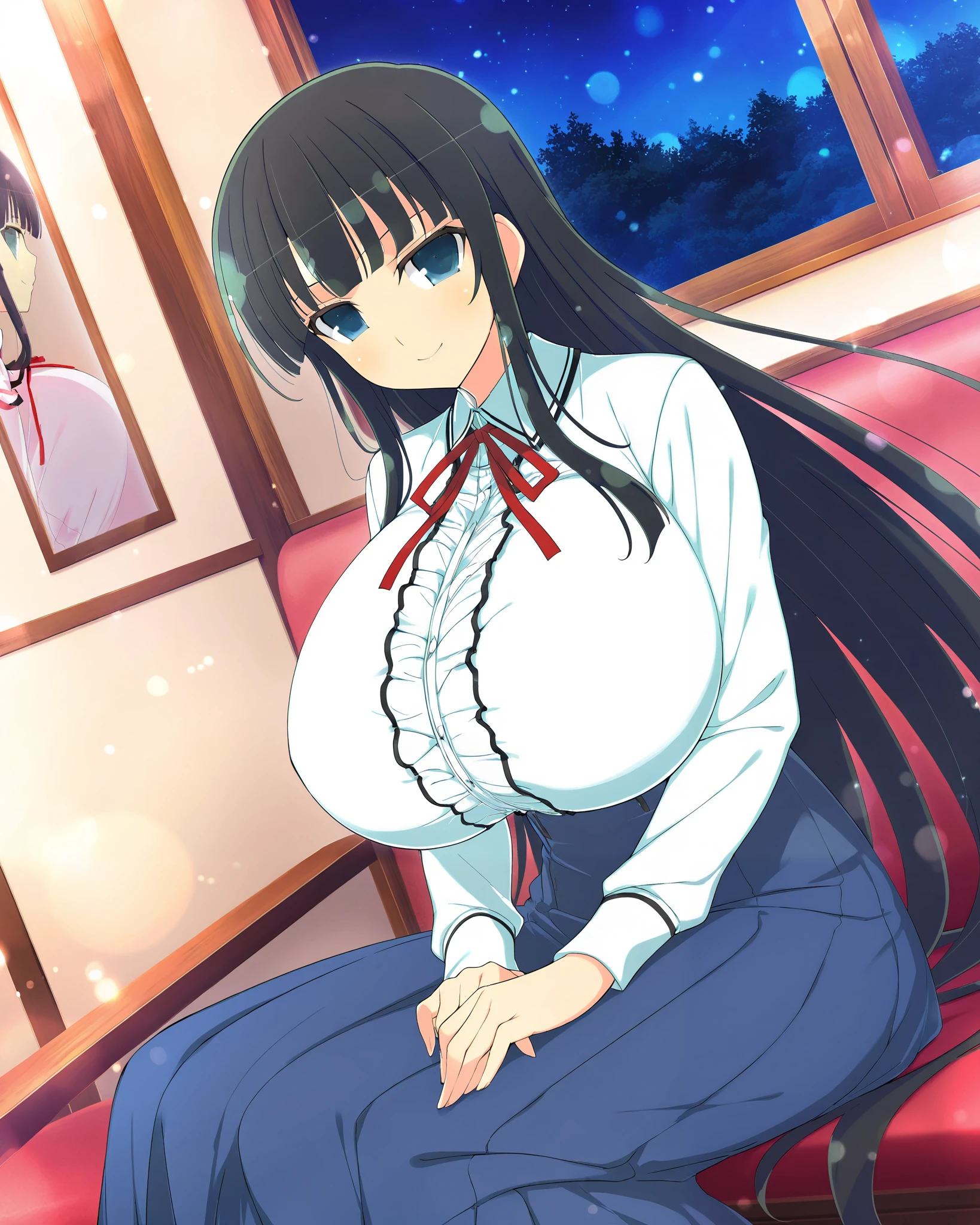 masterpiece, best quality, anime art style, Official Art, yaegashi nan(artist), perfect eyes, detailed eyes, perfect face, perfect hair, detailed hair, beautiful character design, 1 girl, alone, Ikaruga (Senran Kagura New Link), black hair, blunt bangs, hime cut, blue eyes, black pupils, sweet smile, sitting on cabin seat, hands on lap, looking at viewer, slim body, gigantic breasts, long sleeves, white collared shirt, red ribbon tie, center frills, pleated blue skirt, long skirt, indoors, night time, cabin