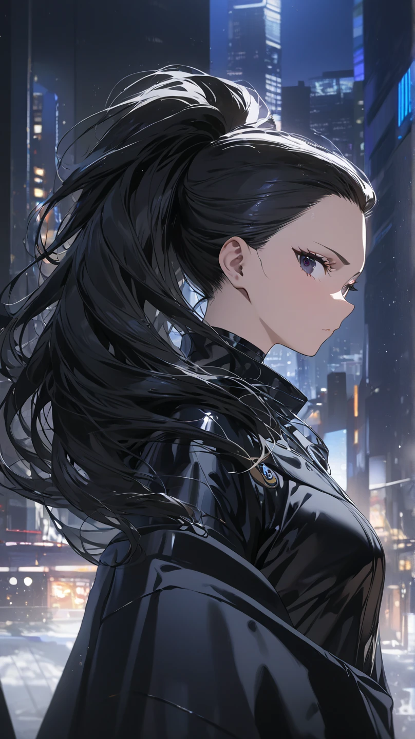  top quality, masterpiece,  high definition , masterpiece, 
Eight million,  1 girl,  close-up ,  dark eyes,  black hair,   ponytail,  long hair,  's hair was pulled back by fajyobore , , Alone, looking at viewer, Hero Costumes,  Tokyo city background 