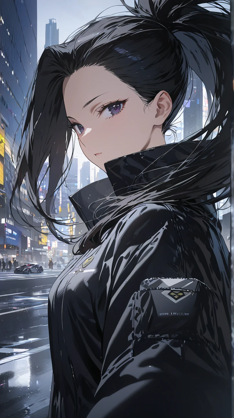  top quality, masterpiece,  high definition , masterpiece, 
Eight million,  1 girl,  close-up ,  dark eyes,  black hair,   ponytail,  long hair,  's hair was pulled back by fajyobore , , Alone, looking at viewer, Hero Costumes,  Tokyo city background 