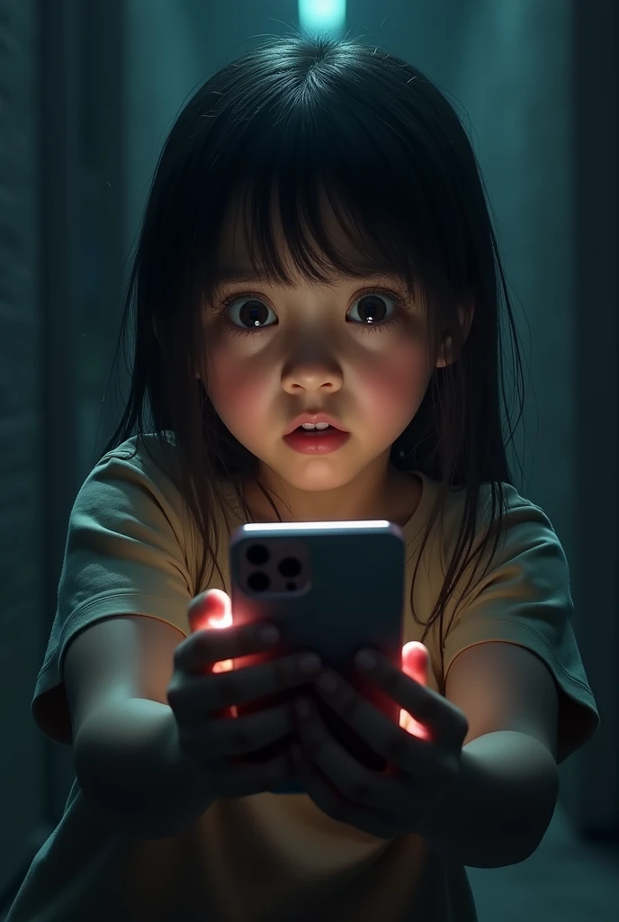 A 14-year-old Brazilian girl with long, wavy brown hair and white skin being sucked into a cell phone that was playing the BBC series Scherlock
