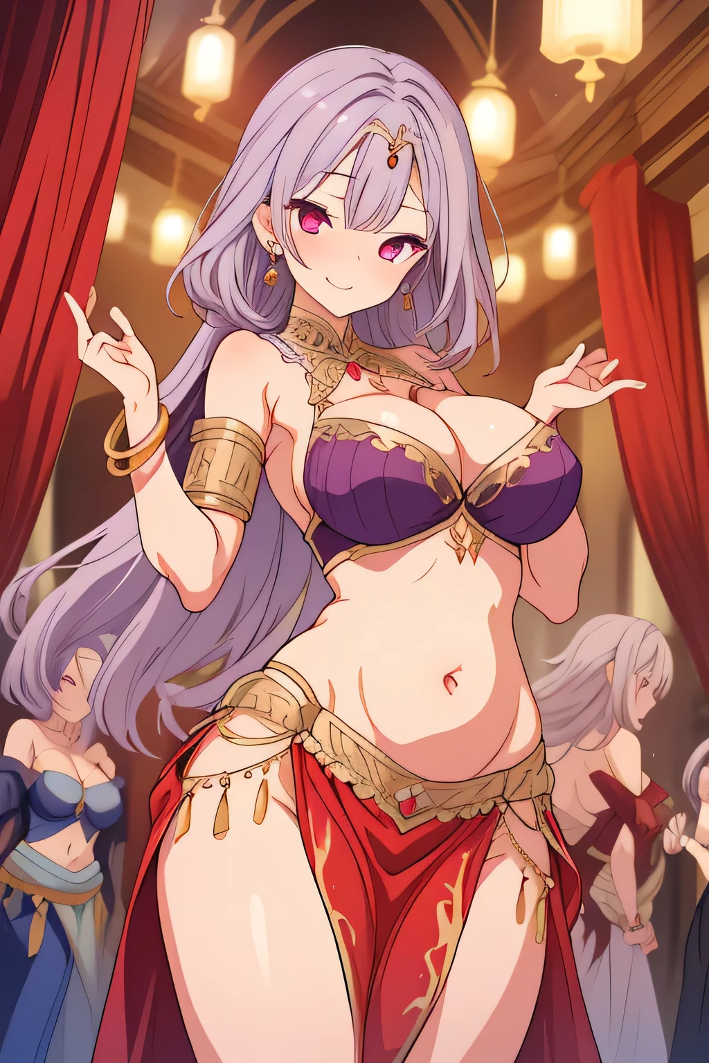 high quality, ultra detailed, best quality, insanely detailed, beautiful, masterpiece, 1girl, plaza, medieval Europe, cowboy shot, red eyes, long hair, light purple hair, (belly dancer, harem outfit, pelvic curtain:1.2), purple costume, bare legs, circlet, earrings, armlets, bracelets, bashful smile, dancing, large breasts, cleavage, soft stomach