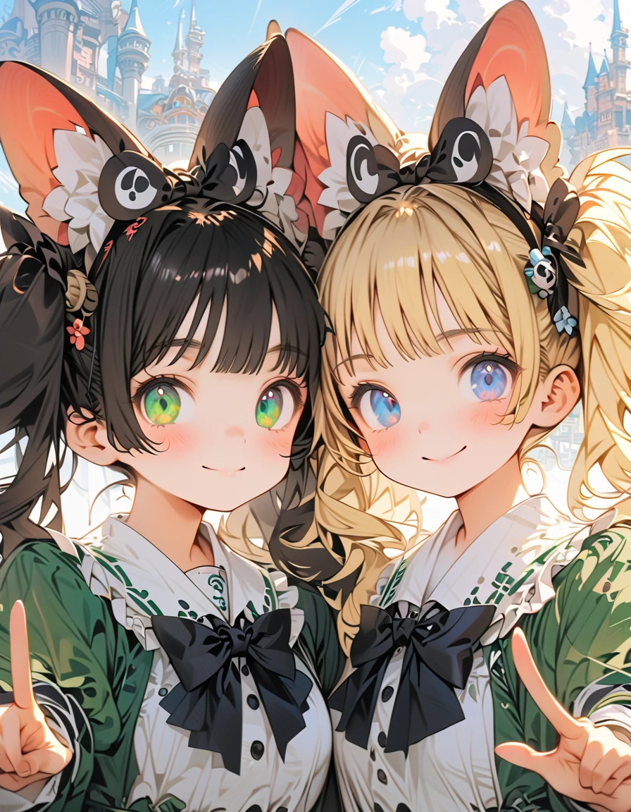 (ultra-detailed, master piece, best quality, high resolution, beautiful hair, beautiful eyes, expressive eyes, perfect face, perfect human structure),
Amusement park, dreamland, Tokyo Disneyland, ((2girls, blonde and black hair)),
 
Two girls with side up high twin tails, blonde hair, very ish face, very large hanging eyes, heterochromia, blue eye, green eye, very huge breasts, 145cm tall, , wearing school uniforms, standing side by side in an amusement park square with mouse ears on their heads and knees up and their knees in the air and their knees in the air and their knees in the air and their knees in the air. They are sitting on the ground, smiling very brightly and making peace signs for the camera,
(full body, medium shot, from below), spread legs,
white panties visible, blue panties visible, looking at camera, souvenir photo