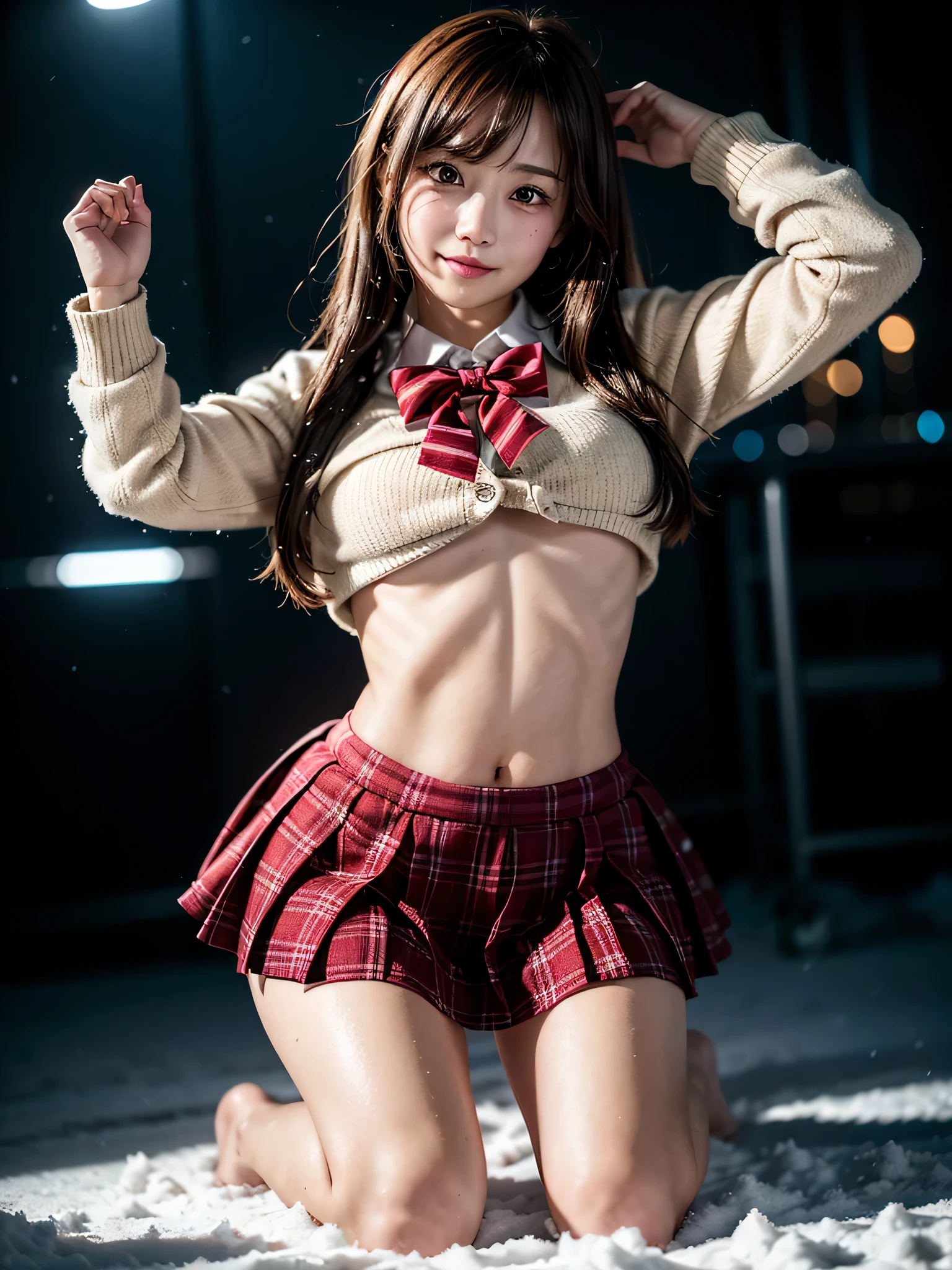 ((solo)), ((1 girl)), Panties Small, street, crowded, ((night)), ((snowing)), ((snow)), ((Embarrassing)), 1girl, brown hair, long hair, bangs, brown eyes, big breasts, large breasts, red bowtie, school uniform, black jacket, open jacket, brown cardigan, white shirt, black skirt, plaid skirt, high school girl, blush, White underwear is visible, droopy eyes, shiny skin, beautiful breasts, beautiful ass, cute face, Japanese idol, real person, front view, slightly smile, hands behind back, kneel, sit, arms on top, hands up, raise your arms,smile