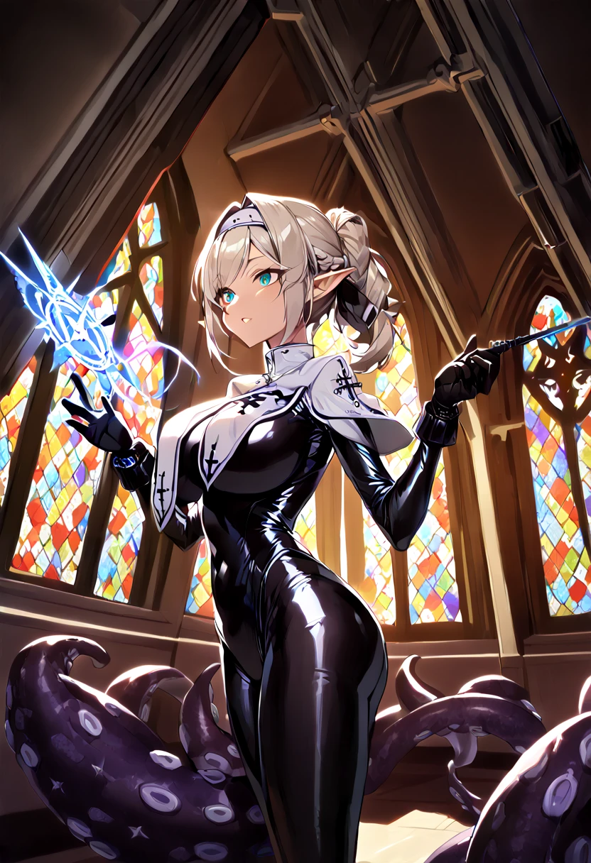 (high-elf:1.4), (droopy eyes, emerald eye:1.2), (pointy ears:1.4), (silver blonde hair, braid ponytail, hair intakes, antenna hair:1.4), (large breast:1.4), (gleaming skin, shiny skin:1.4), (nun body-suit, breast curtains:1.4), (black gloves, black stocking:1.4), (fighting pose, arched back, cowboy shot:1.0), (holding magic wand:1.4), (energy-bolt, energy_beam:1.0), (large veiny tentacles:1.4), (cowboy shot, from side:1.4), (luxurious penthouse, indoor rooftop cathedral, stained glass:1.4), (midnight:1.4), 