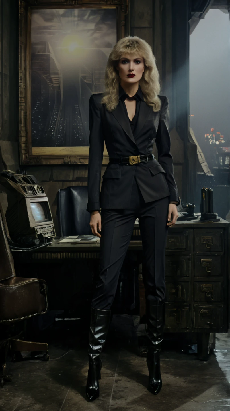 A powerful businesswoman stands confidently in a   O'Brien's quarters from 1984  office, donning black Louboutin stiletto boots that adorn her feet. Her long, golden long blonde hair cascades down her back, complementing her tailored black suit, black shirt and pants, reminiscent of 90's power dressing, female O'Brien's outfit from George Orwell's 1984, the office background is a precise replica of O'Brien's quarters from George Orwell's 1984, complete with a one big telescreen reminiscent of the novel. The atmosphere is one of foreboding and surveillance, with the dark, muted tones of the office evoking a sense of oppression. The overall feel is one of majestic realism,CGI NOIR aesthetics. Luv from Blade Runner dressing code and makeups. Her facial expression exudes a sense of authority and intensity, with a lot of sadistic charm. The full-body portrait is rendered in a Renaissance era style, with realistic hyper-detail and a figurative painting aesthetic, similar to Greg Rutkowski's work, captured in stunning 4K detail.