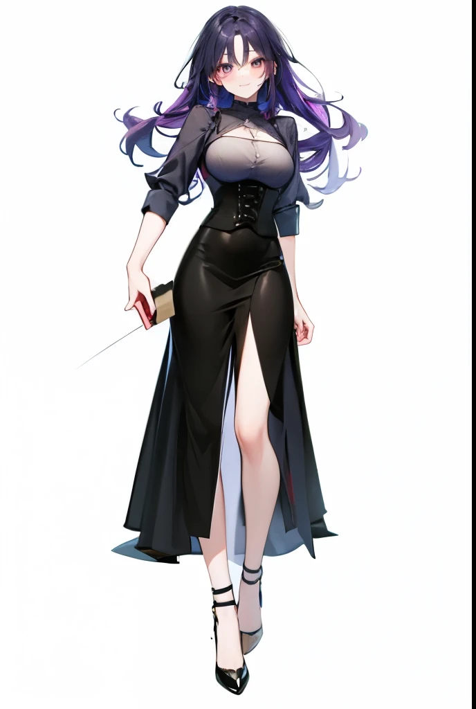 Purple hair,long hair,Adult female,(bartender),((Body Harness)),((Roll up your shirt sleeves)),(corset),(skirt),(High heels),((Simple white Background)),smile,((whole body)),((full body)),Character Sheet,