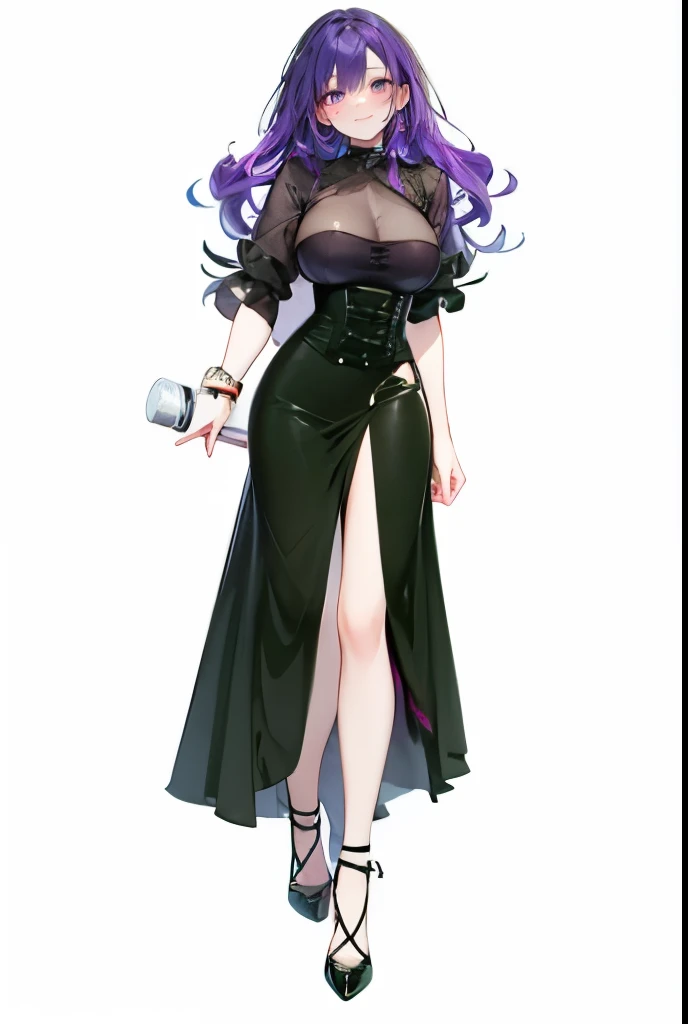 Purple hair,long hair,Adult female,(bartender),((Body Harness)),((Roll up your shirt sleeves)),(corset),(skirt),(High heels),((Simple white Background)),smile,((whole body)),((full body)),Character Sheet,