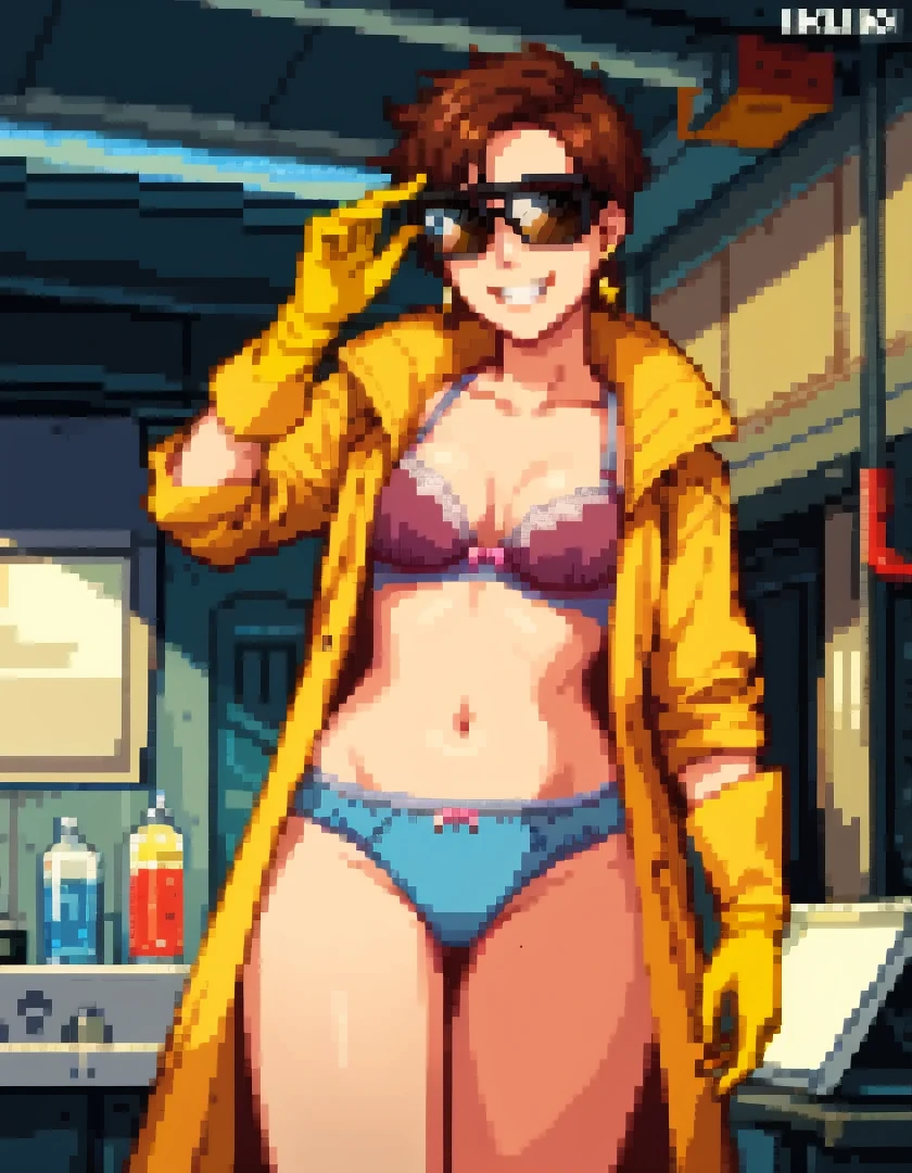 Masterpiece, best quality, Masterpiece, best quality, 1 woman , pink hair , long purple eyes , sly face , black bikini , big breasts , abdomen , Long legs , Put your hands on your hips..... , Barefoot , full body , convenience store ,