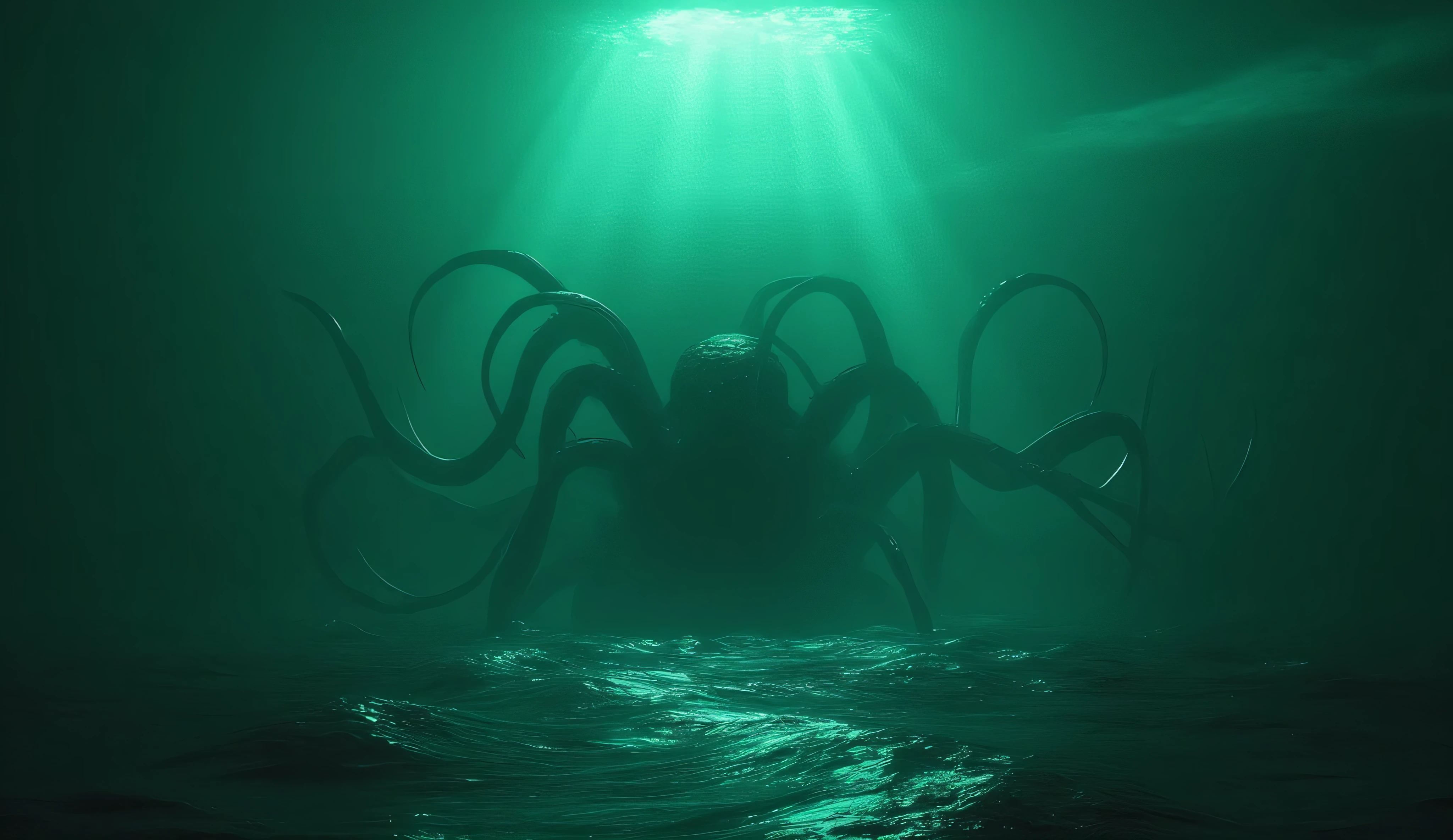 An endless ocean of pale green light. A huge colossal nightmarish octopus from the depths. The bottom of the ocean. A huge octopus. Very long tentacles. He comes to the surface slightly next to the ships. horror